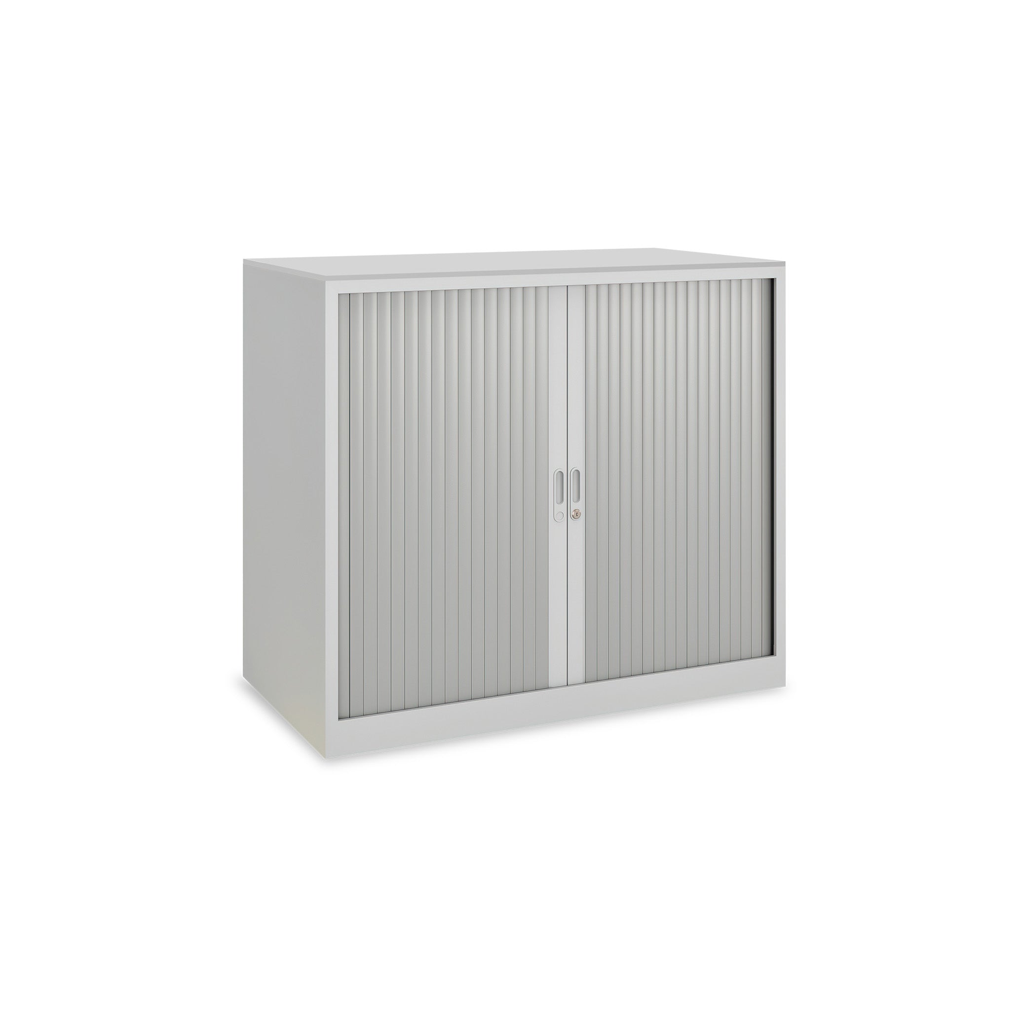 Eleganter Stahl-Rollladenschrank 2  Ordnerhöhen mit Holz-Abdeckplatte – Lichtgrau für flexible Raumgestaltung