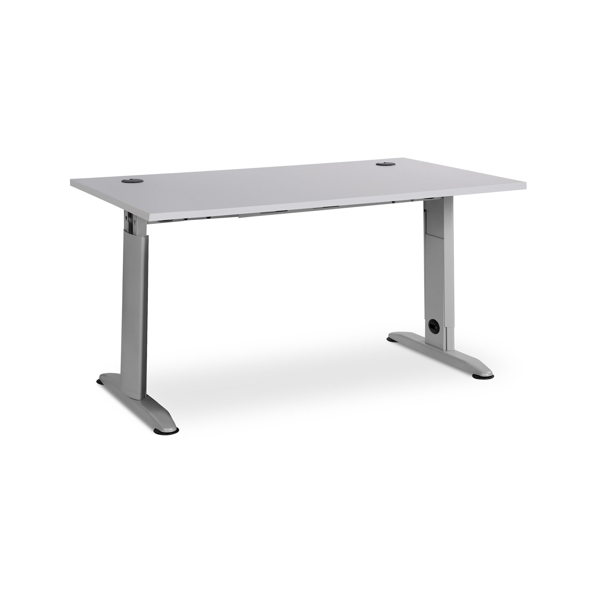 Manuell höhenverstellbarer Schreibtisch 1600 x 800 mm, T-Fuß, 620–820 mm Arbeitshöhe, Farbe weißaluminium / grau