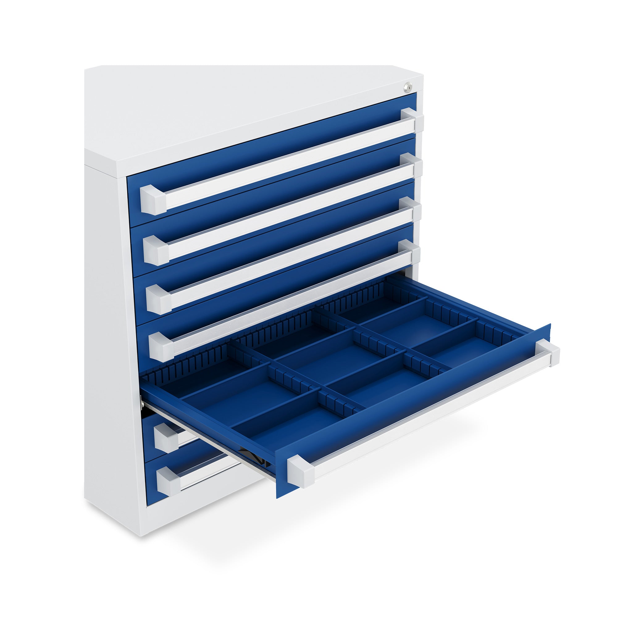 Kompakter Schubladenschrank 800 × 525 × 800 mm – 7 Schubladen à 100 mm, Farbe lichtgrau / enzianblau