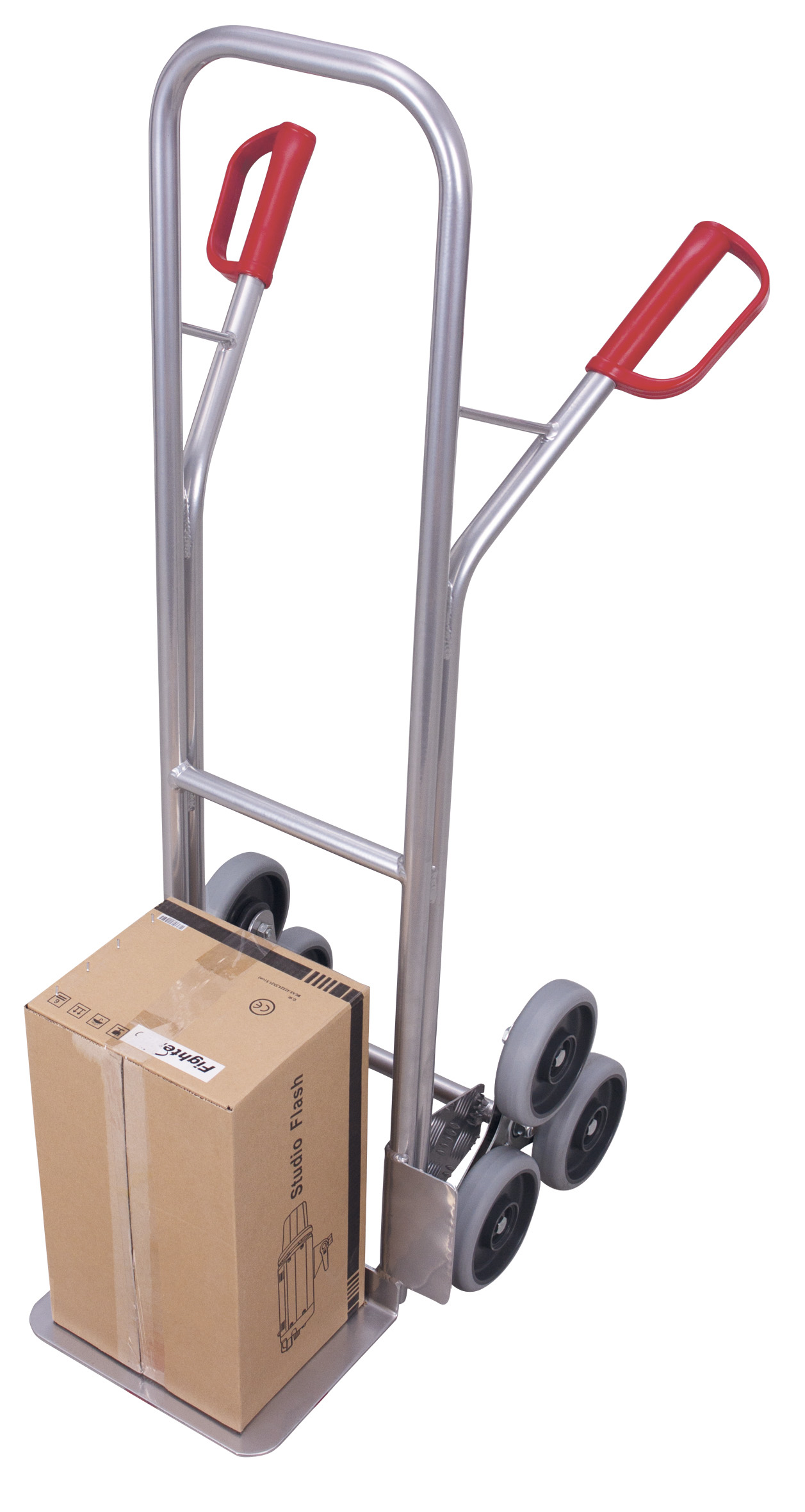 Handliche Aluminium-Treppenkarre 620 × 625 × 1310 mm mit dreiarmigen Radsternen, Radsatz aus TPE