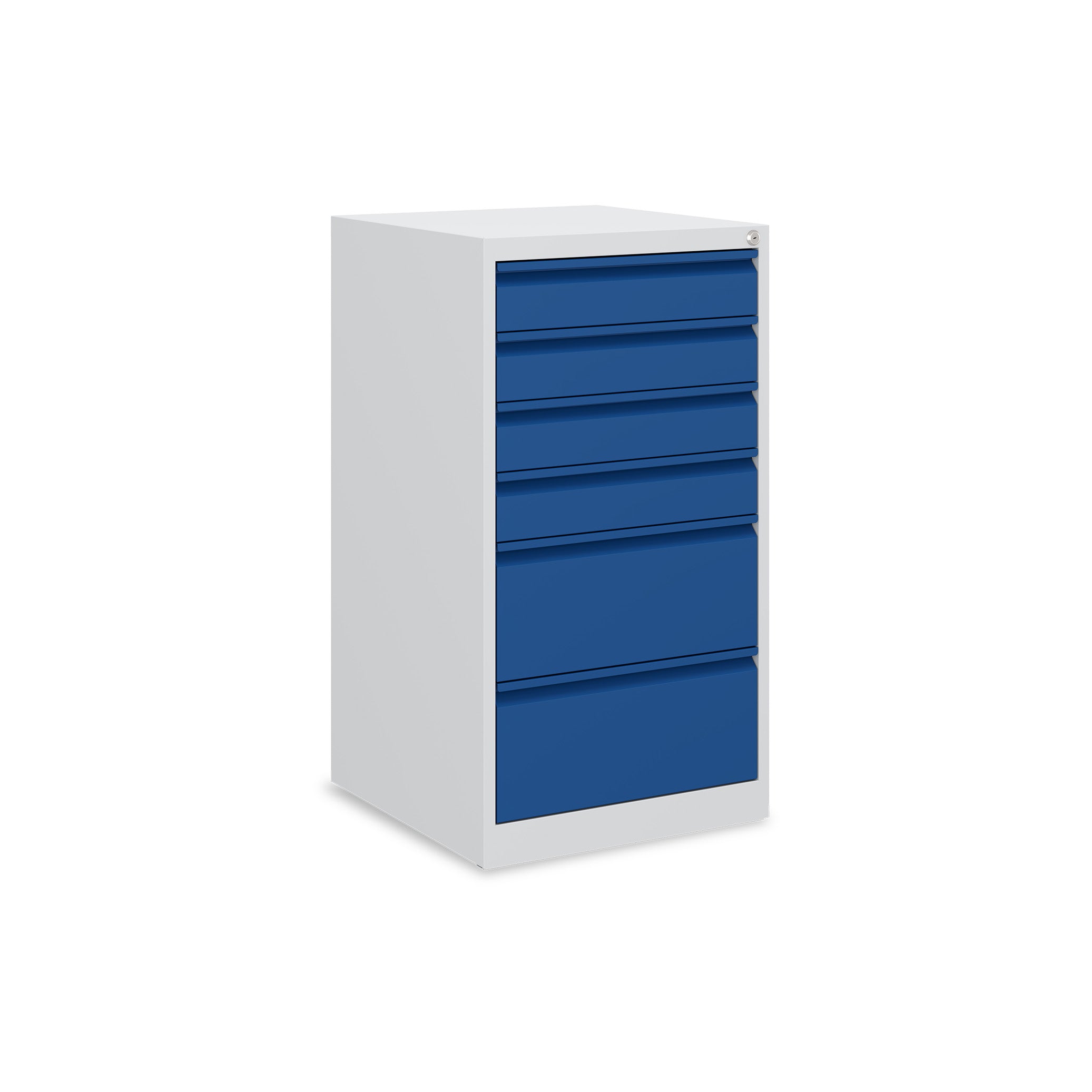 Stabiler Schubladenschrank 500 × 500 × 900 mm – mit 6 Schubladen, Farbe lichtgrau / enzianblau