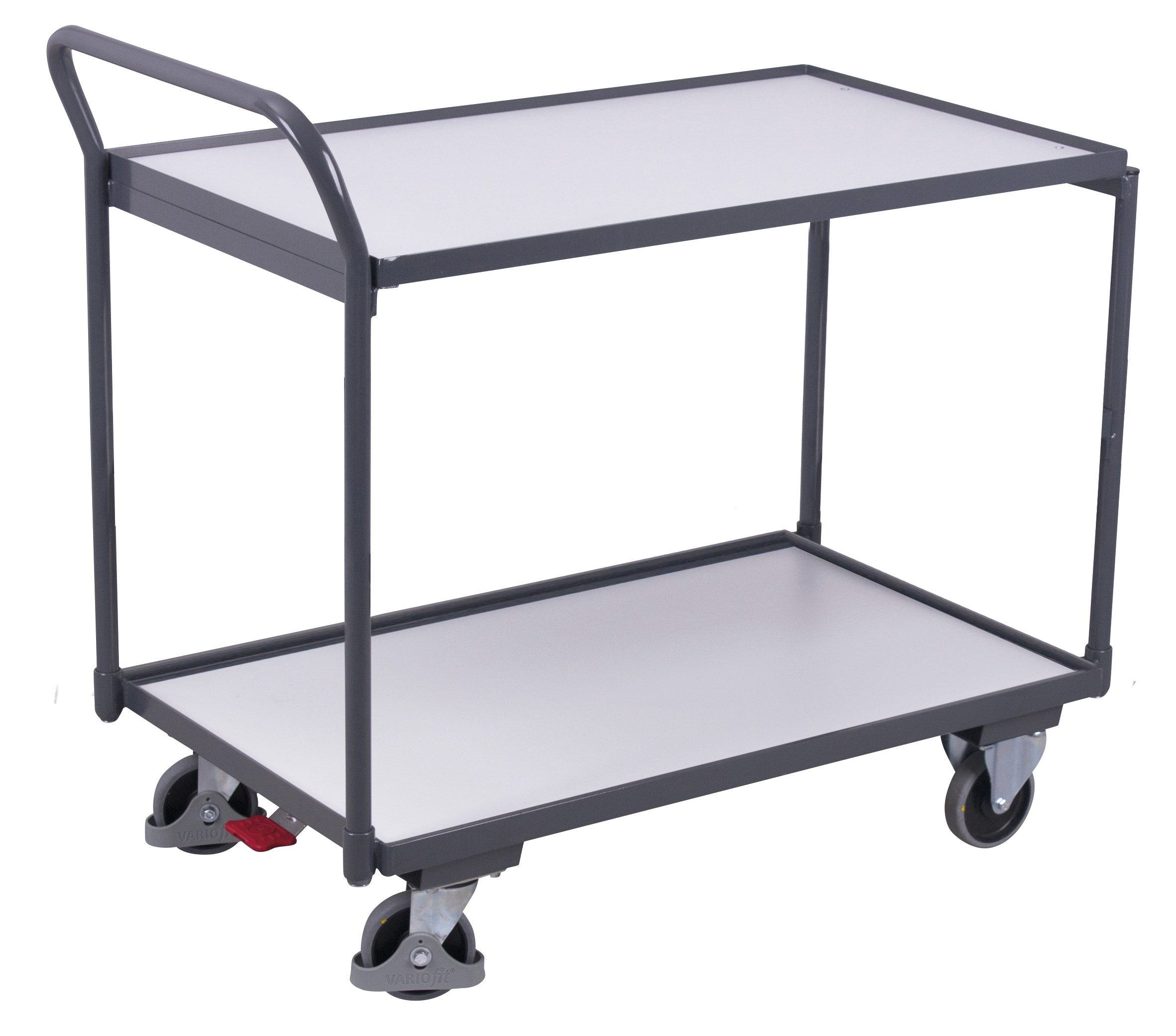 Kompakter ESD Tischwagen 975 × 525 × 1010 mm mit 2 Ladeflächen, RAL 7024 elektrisch leitfähig Großzügiger ESD Tischwagen 1125 × 625 × 1010 mm mit 2 Ladeflächen, RAL 7024 elektrisch leitfähig