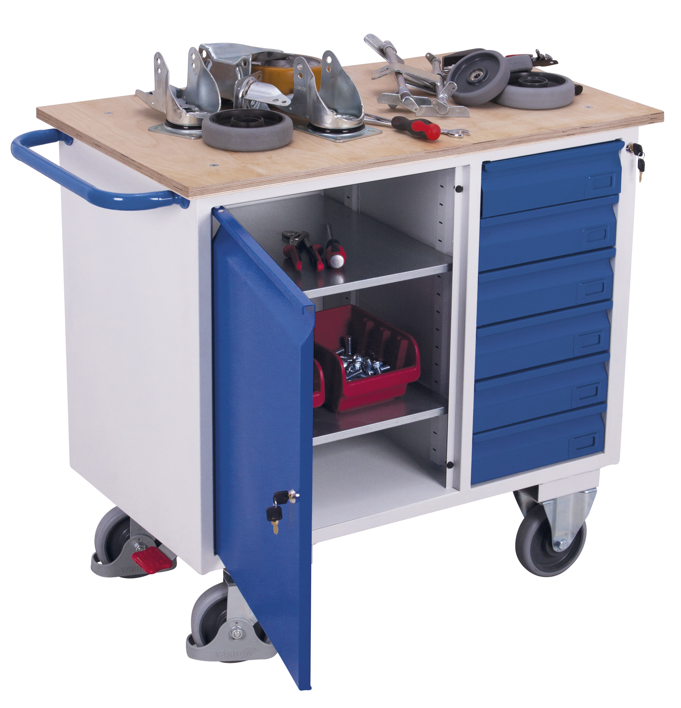 Stabiler Werkstattwagen mit 6 Schubladen und Flügeltürschrank, 400 kg Traglast, RAL 5010, 1110 × 600 mm