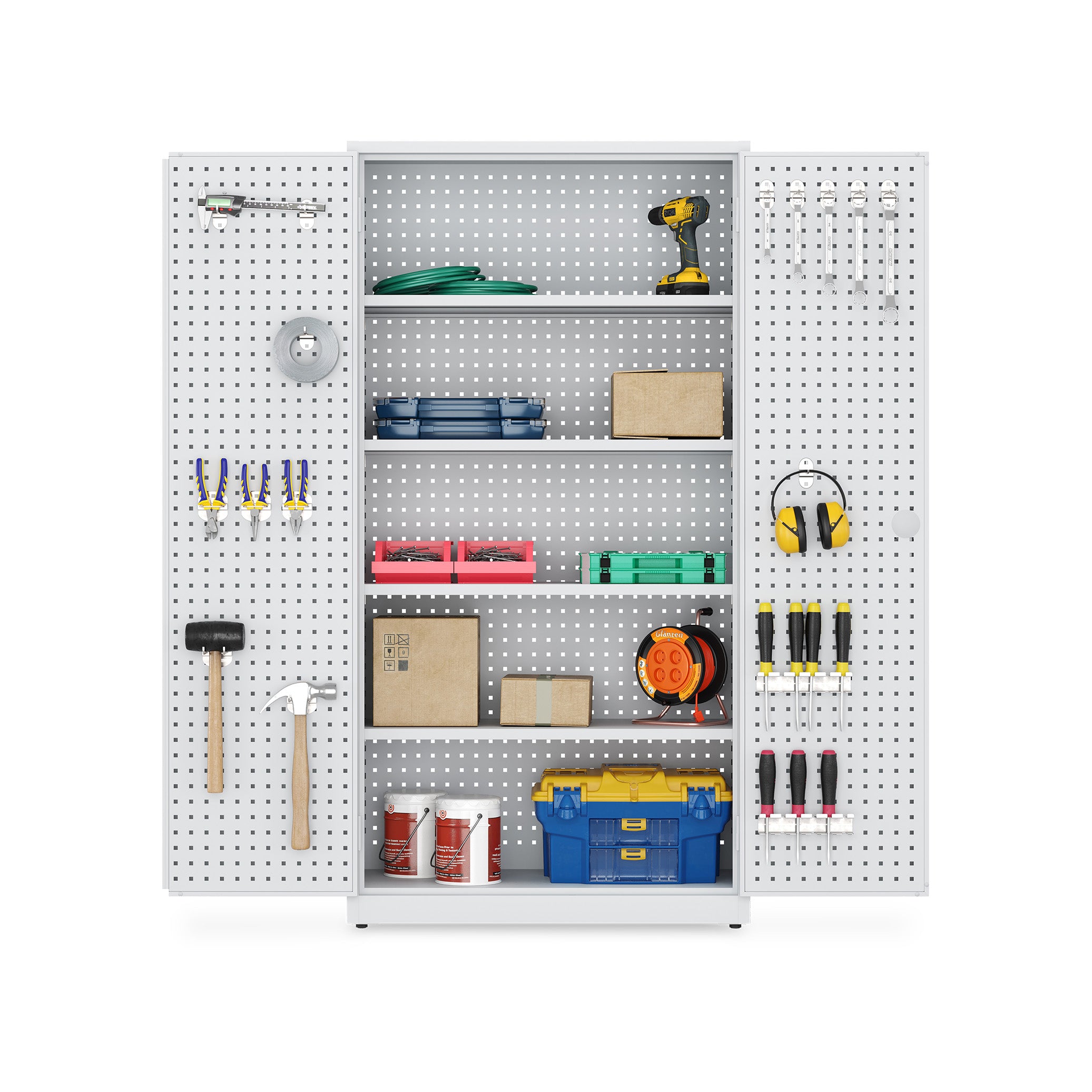 Metall-Werkstattschrank 920 × 450 × 1940 mm – 4 Fachböden, Scharniertüren, lichtgrau / lichtgrau