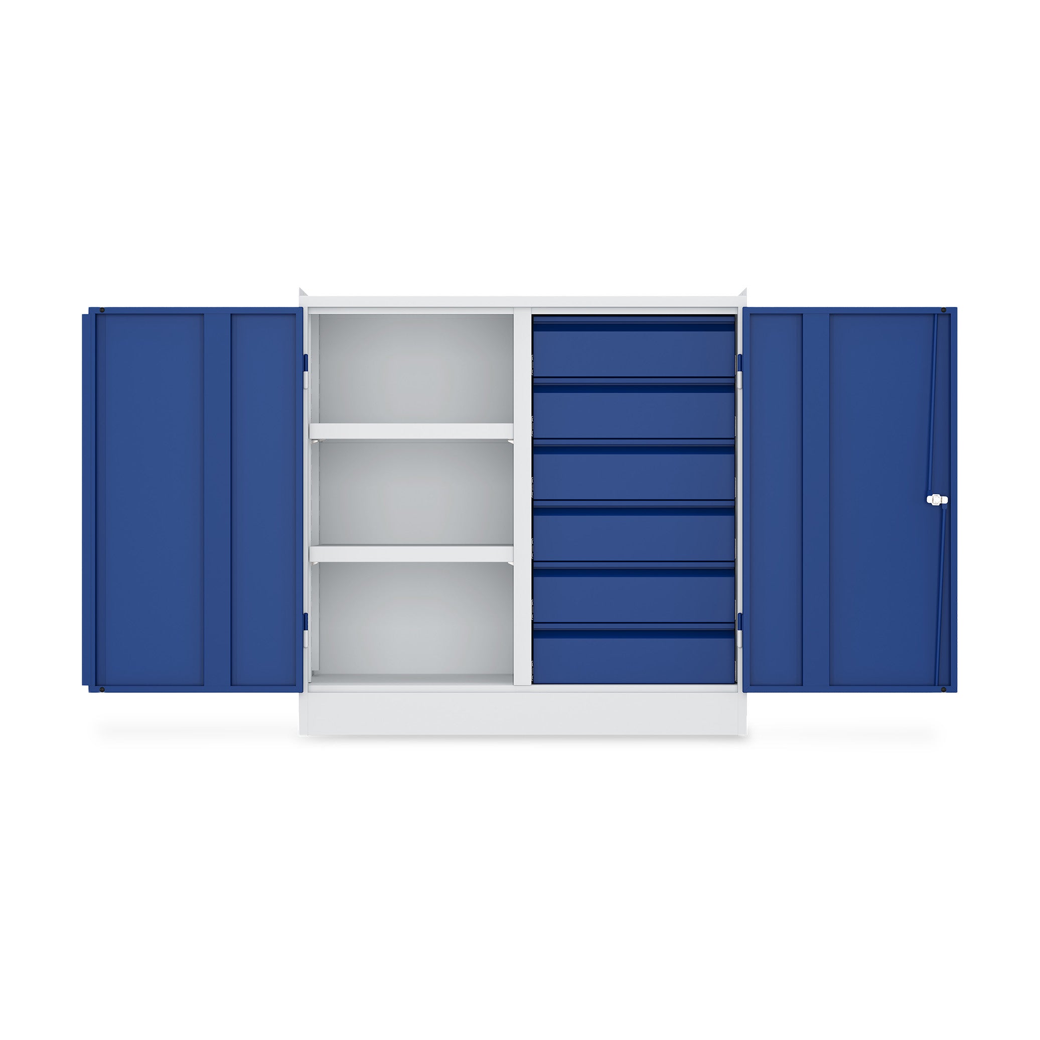 Geräumiger Werkzeugschrank 1000 × 500 × 1000 mm – 2 Türen, 2 Fachböden, 6 Schubladen, Farbe lichtgrau / enzianblau