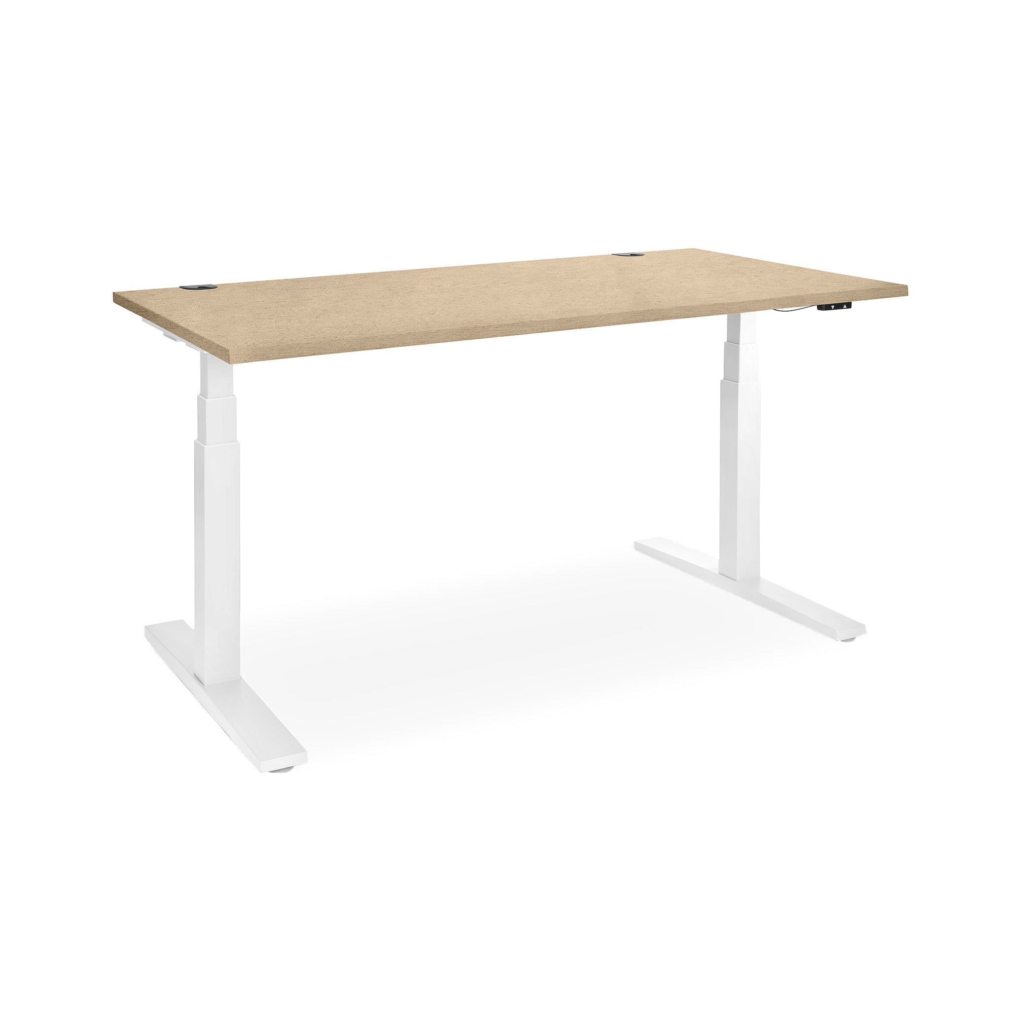 Schreibtisch elektrisch höhenverstellbar 1800 x 800 mm – Höhe 610-1250 mm, Farbe Verkehrsweiß / Ahorn