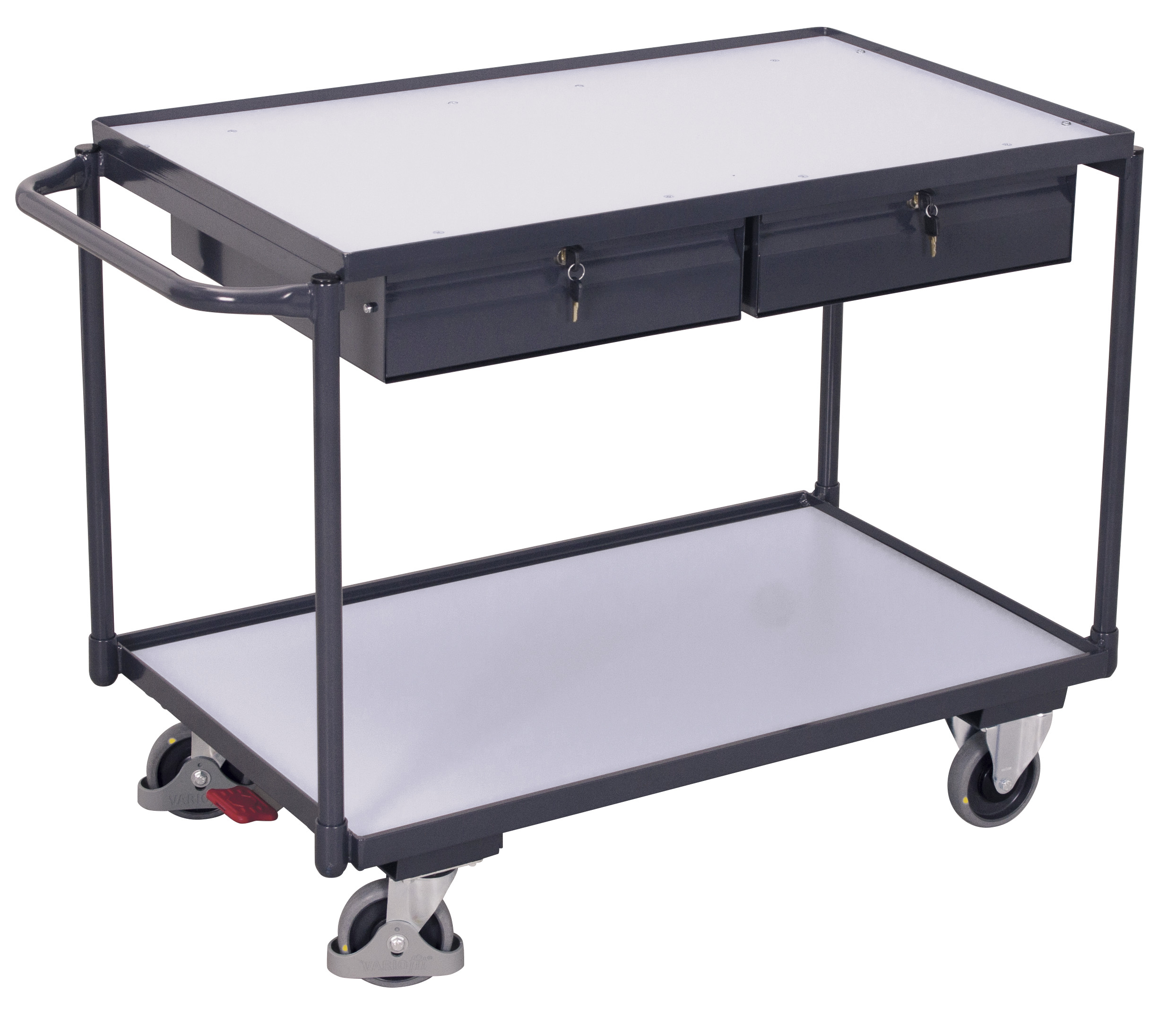 ESD Tischwagen 1175 × 625 × 850 mm mit 2 Ladeflächen und 2 Schubladen, 250 kg Traglast, RAL 7024, ideal für ESD-Bereiche