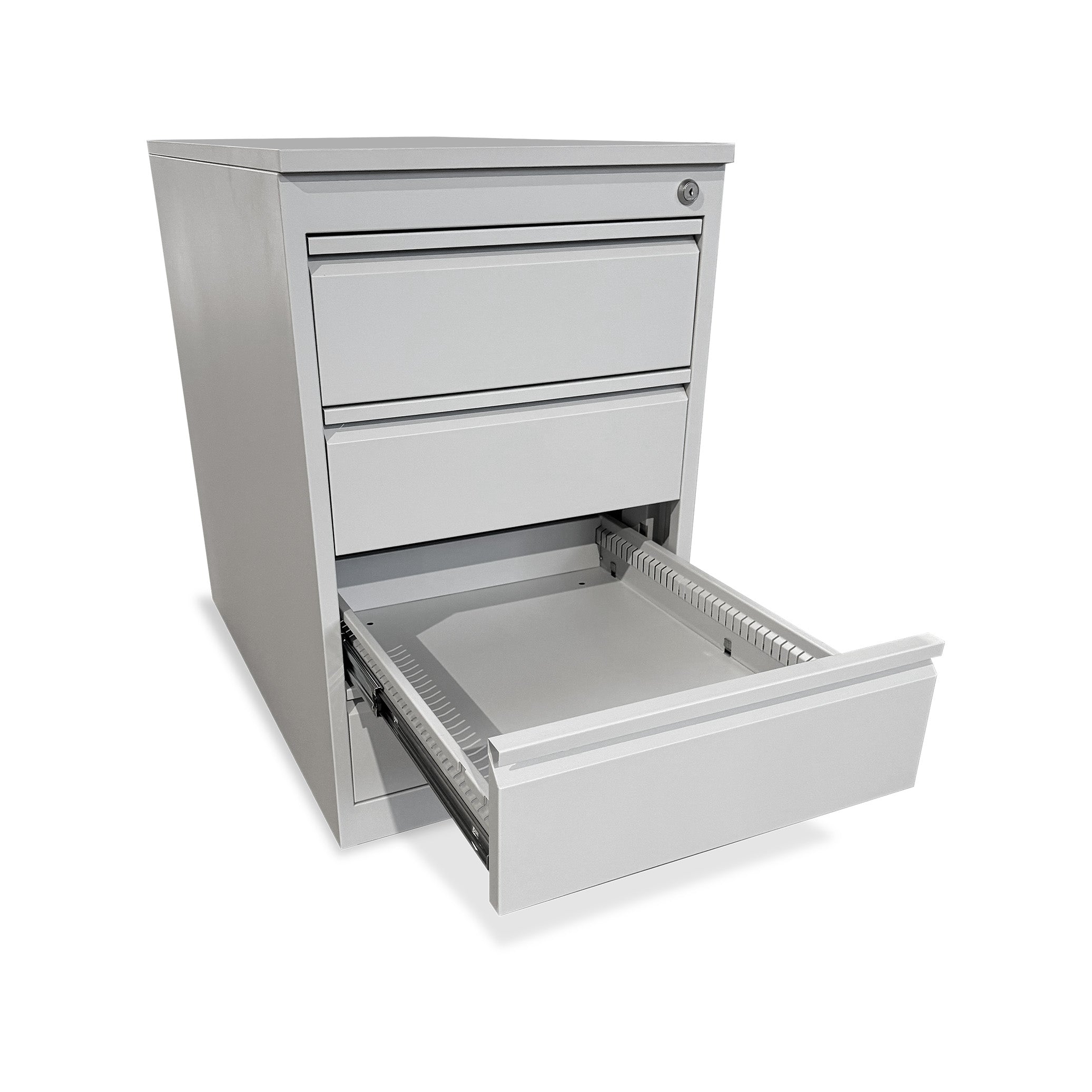 Stabiler Stahl Standcontainer mit 4 Schubladen – ideal für geordnetes Arbeiten in Lichtgrau