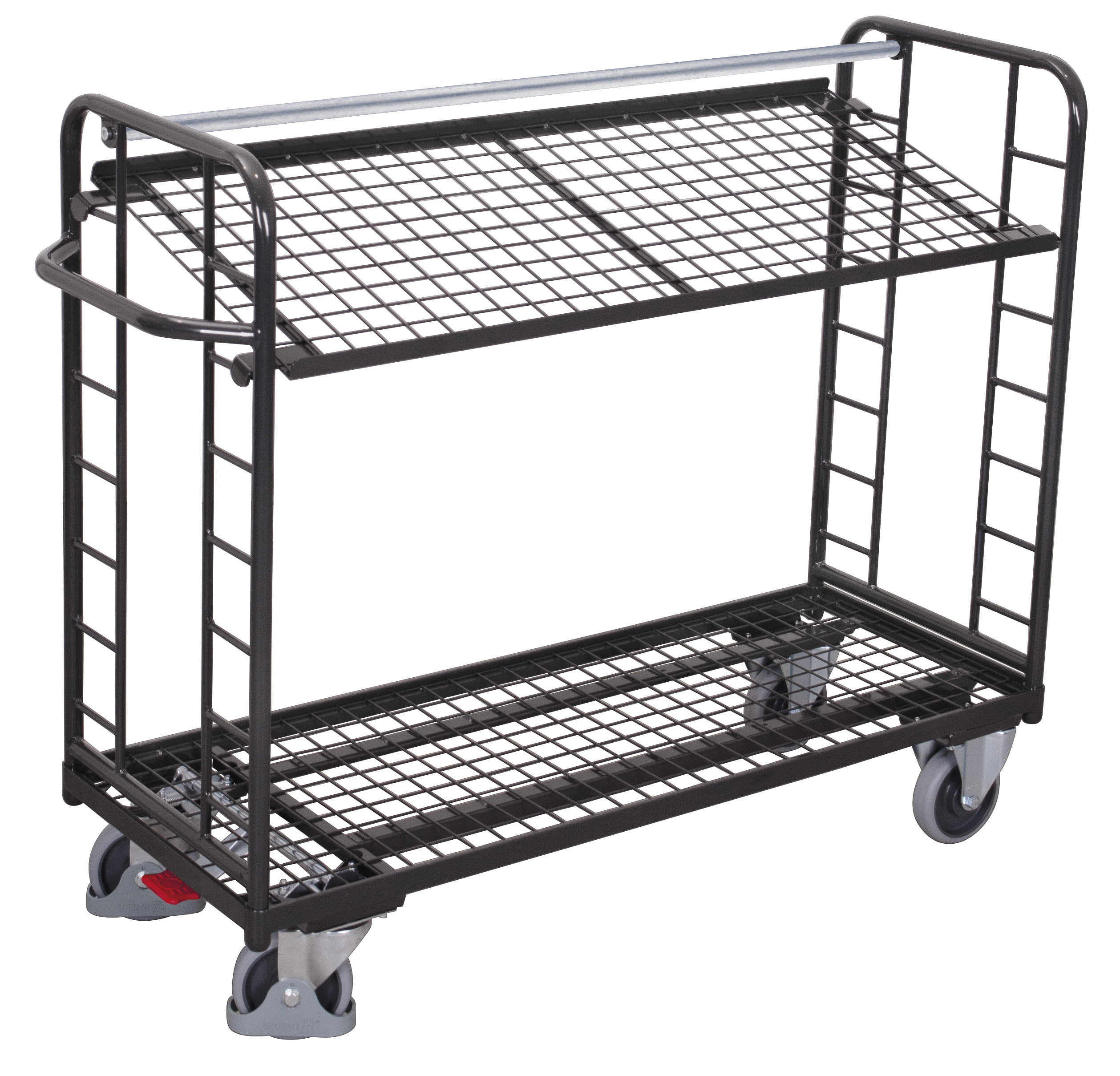 Funktionaler Etagenwagen 1510 × 550 × 1235 mm mit 2 Drahtgitterböden, 250 kg Traglast, RAL 7016, ideal für Lager & Kommissionierung Robuster Etagenwagen 1805 × 650 × 1275 mm mit 2 Drahtgitterböden, 400 kg Traglast, RAL 7016, ideal für Lager & Kommissionierung