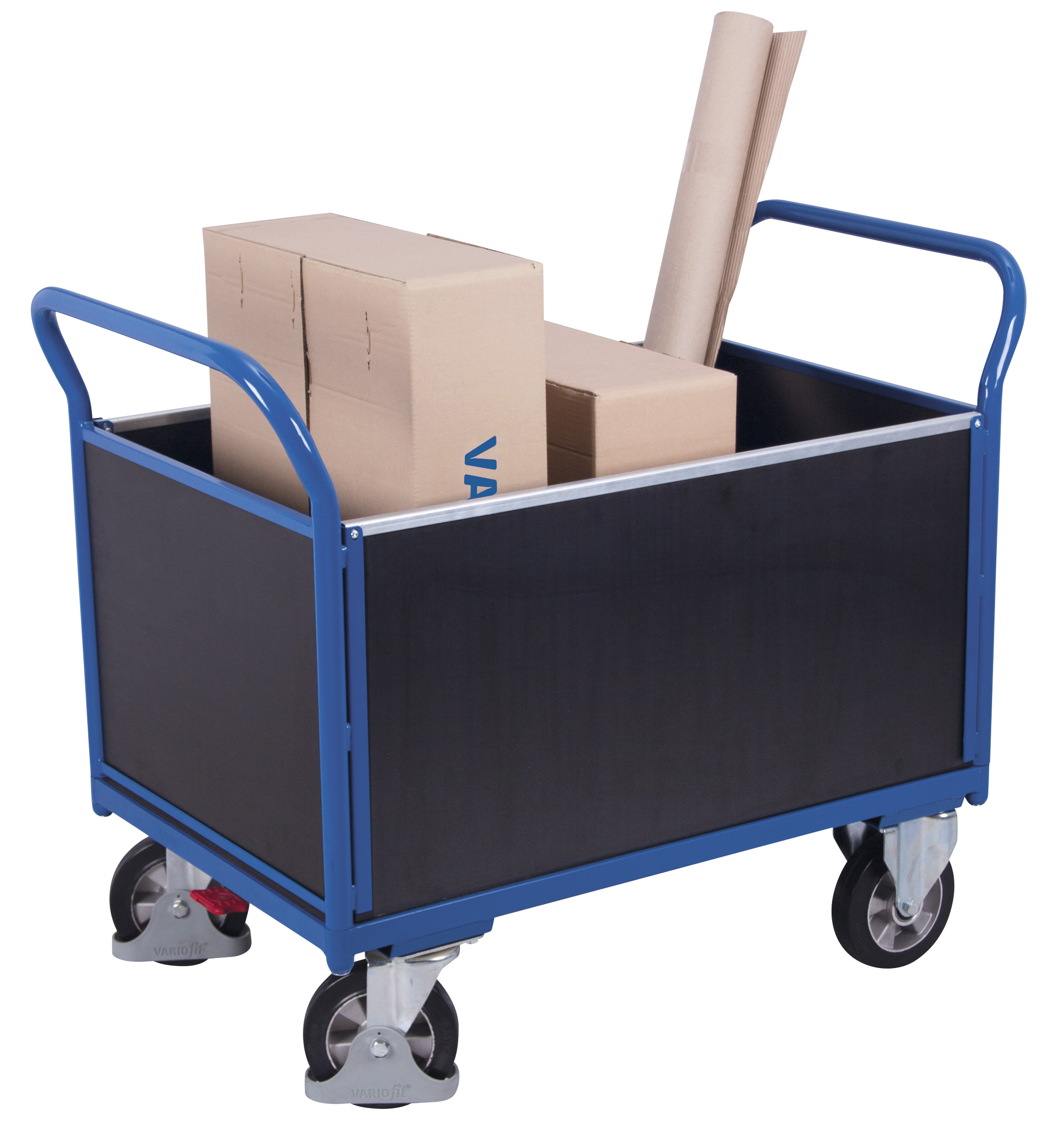 Kompakter Tischwagen 850 × 500 mm mit Schiebebügel, 400 kg Traglast, RAL 5010, ideal für Werkstatt und Lager