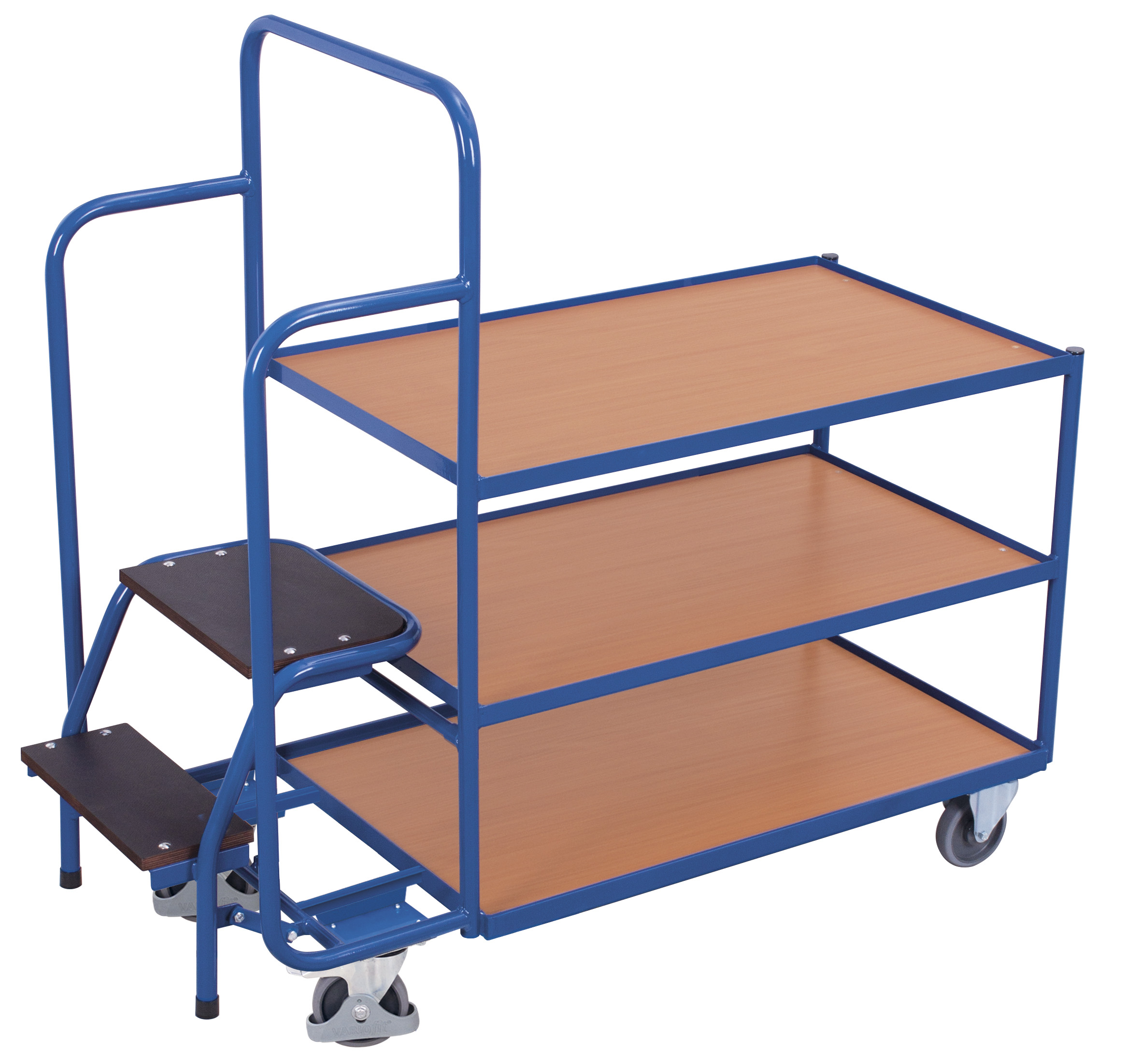 Ergonomischer Kommissionierwagen niedrig mit 3 Ladeflächen und Trittstufe, RAL 5010, 1455 × 625 mm Ergonomischer Kommissionierwagen niedrig mit 3 Ladeflächen und Trittstufe, RAL 5010, 1455 × 625 mm