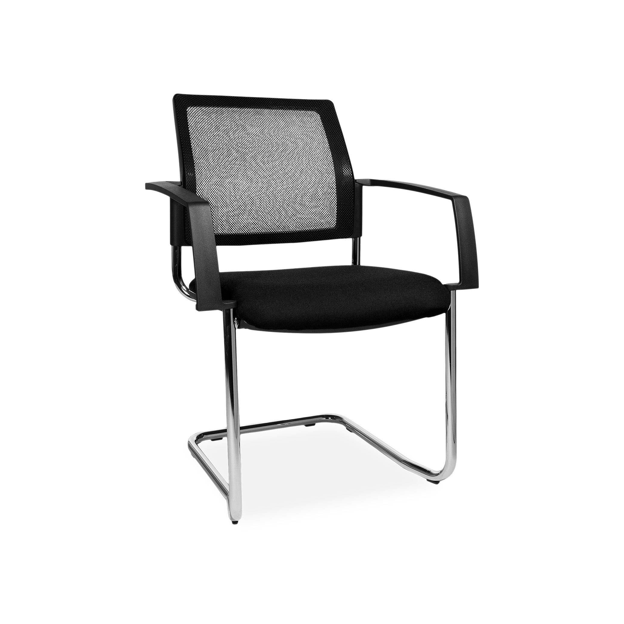 Freischwinger BTOB 20 mit Netzrücken und Chromgestell – stapelbar bis 6 – für Konferenz & Empfang – Schwarzes Polster – bequem & repräsentativ