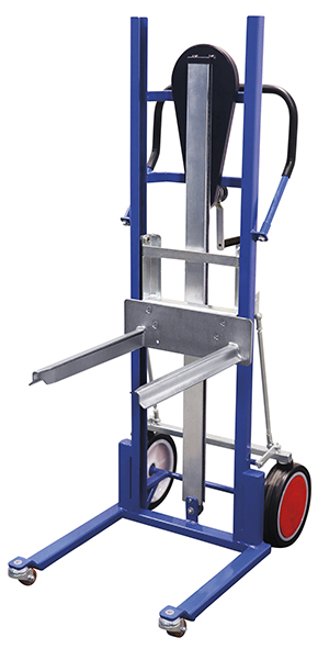 Leichter Materialheber 575 × 845 mm mit Handkurbel und Gabelzinken, 250 kg, RAL 5010, für Lager & Montage
