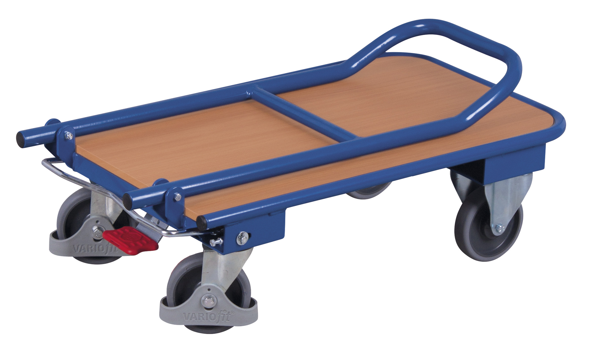 Kompakter Klappbügelwagen 815 × 450 mm mit Holzladefläche, 250 kg Traglast, RAL 5010, ideal für Lager & Werkstatt