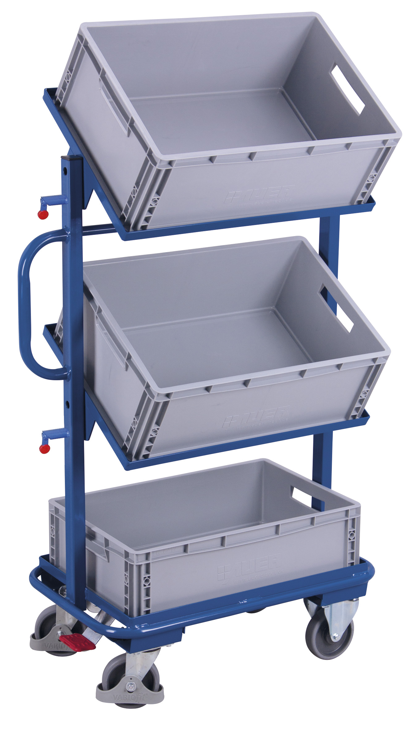 Neigbarer Beistellwagen 815 x 455 x 1385 mm mit 3 Kunststoffkisten 600 x 400 x 220 mm, RAL 5010, ideal für Lager & Kommissionierung