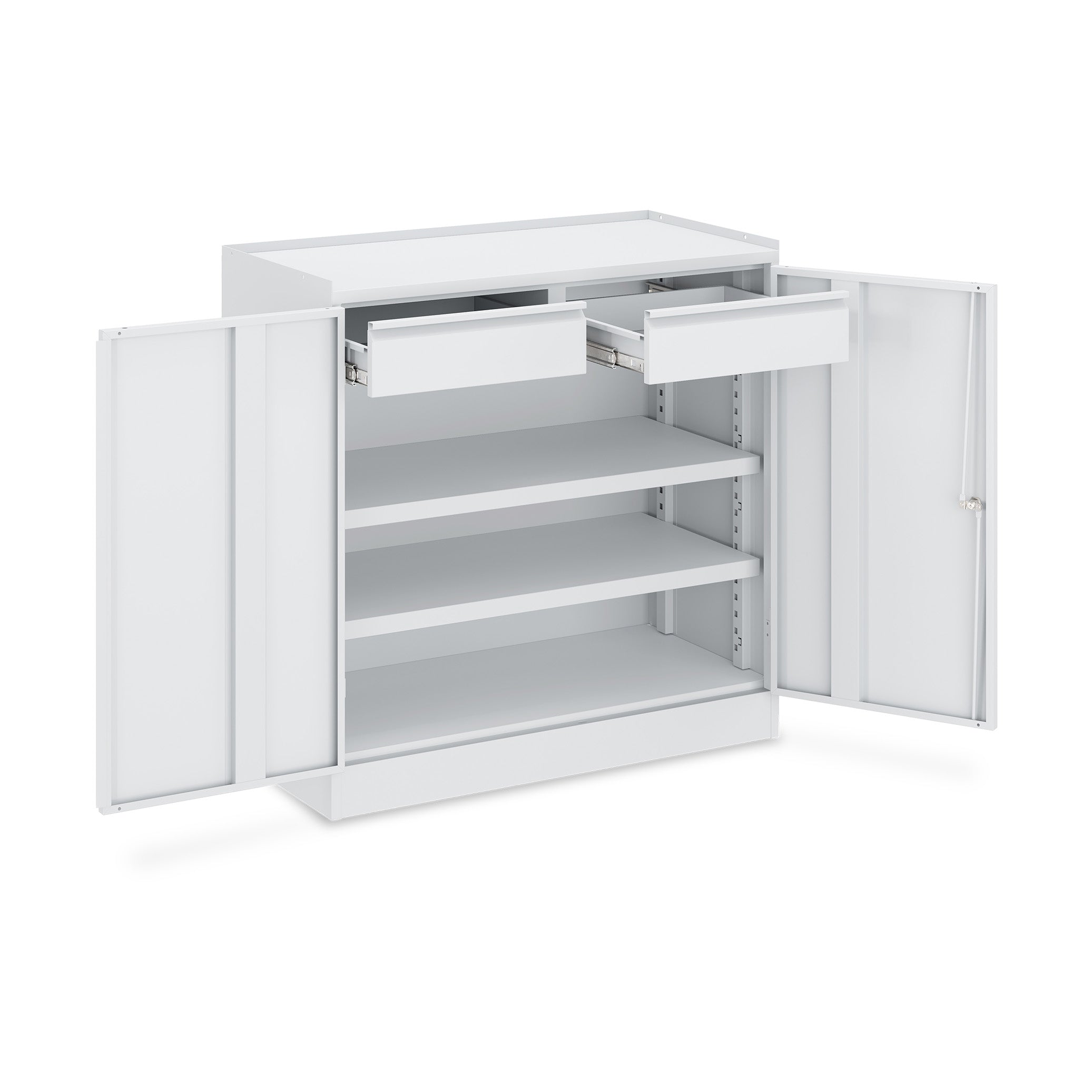 Metall-Werkstattschrank 920 × 450 × 1050 mm – 1 Fachboden, Scharniertüren, lichtgrau