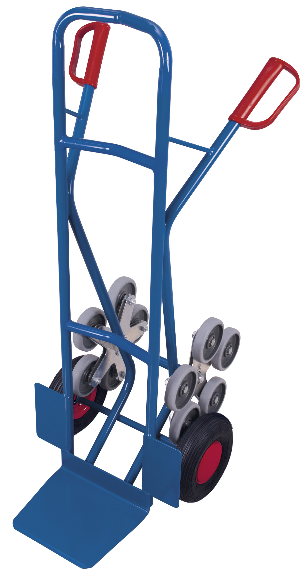 Treppenkarre 610 × 705 × 1310 mm mit fünfarmigen Radsternen, Luftbereifung, 200 kg Traglast, RAL 5010 – ideal für anspruchsvolle Stufentransporte Treppenkarre 610 × 705 × 1310 mm mit fünfarmigen Radsternen, Luftbereifung, 200 kg Traglast, RAL 5010 – ideal für anspruchsvolle Stufentransporte
