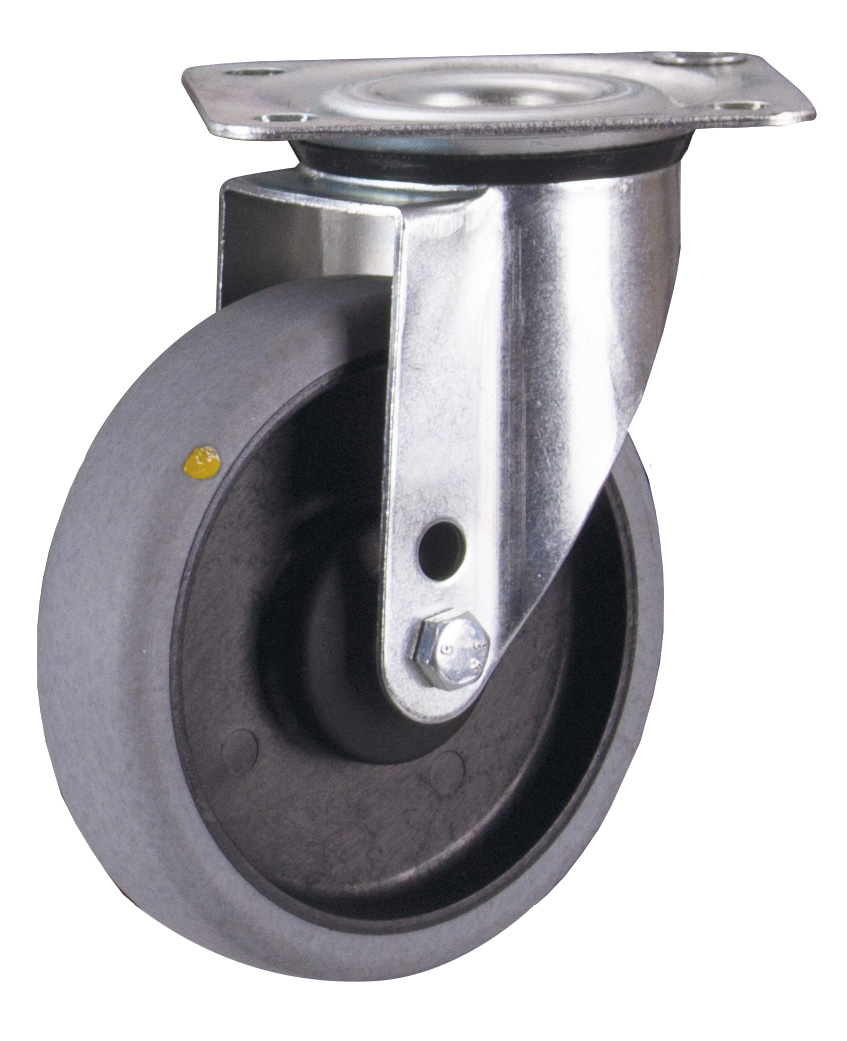 Leitfähige Lenkrolle 125 mm aus ESD-Gummi, 110 kg Traglast, Bauhöhe 155 mm, spurlos Leitfähige Lenkrolle 125 mm aus ESD-Gummi, 110 kg Traglast, Bauhöhe 155 mm, spurlos