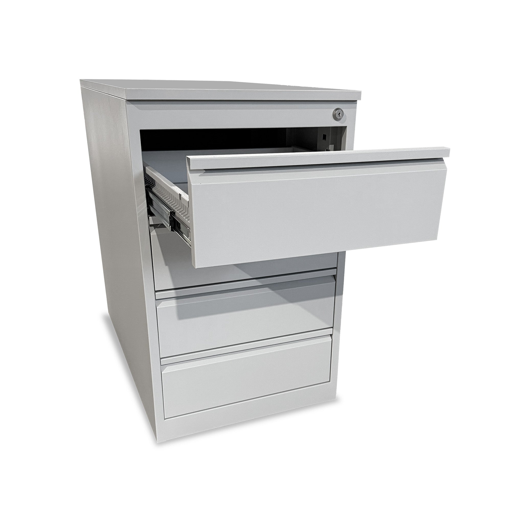 Stabiler Stahl Standcontainer mit 4 Schubladen – ideal für geordnetes Arbeiten in Lichtgrau