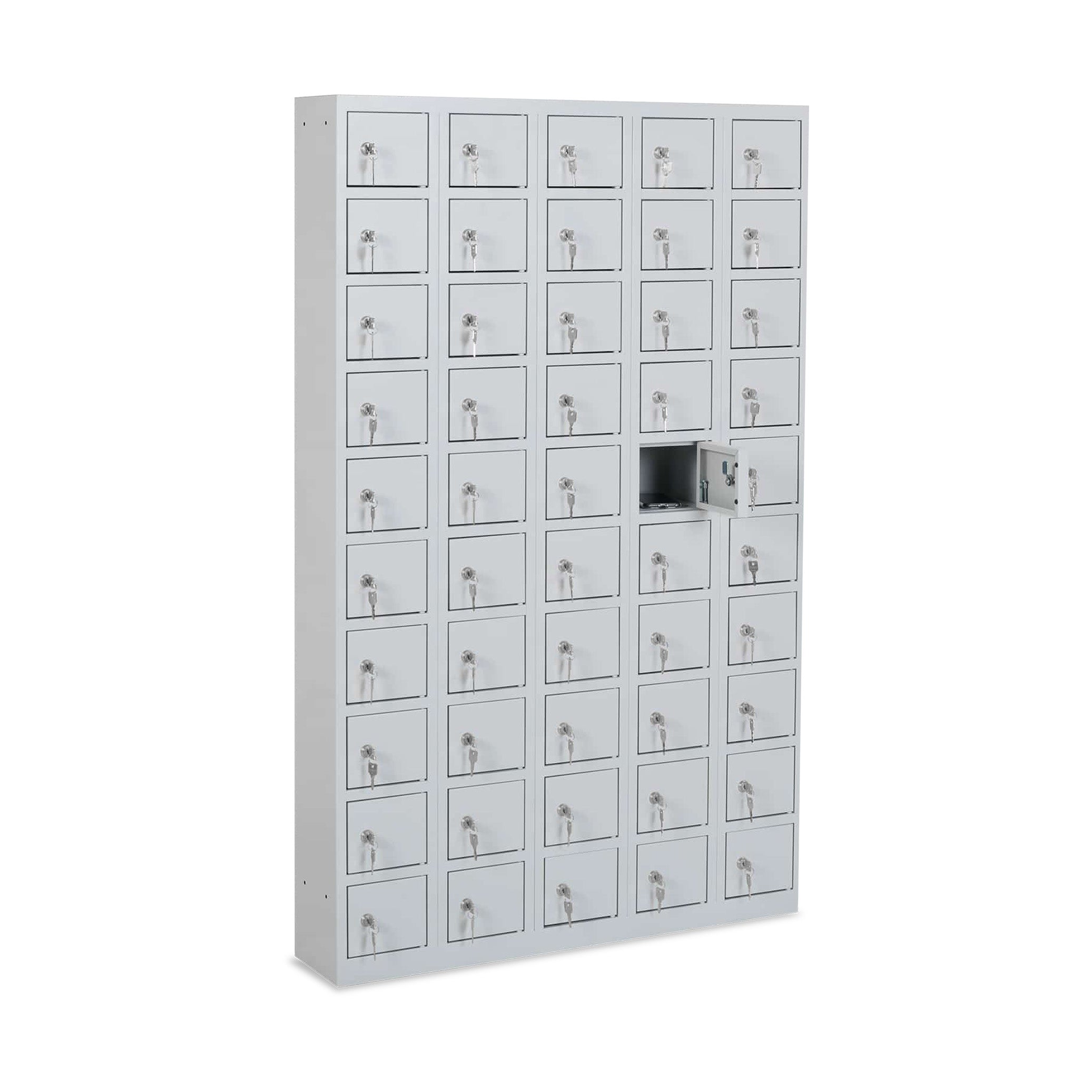 Stahl Wertfachschrank mit 50 Fächern – maximale Aufbewahrungssicherheit in Lichtgrau