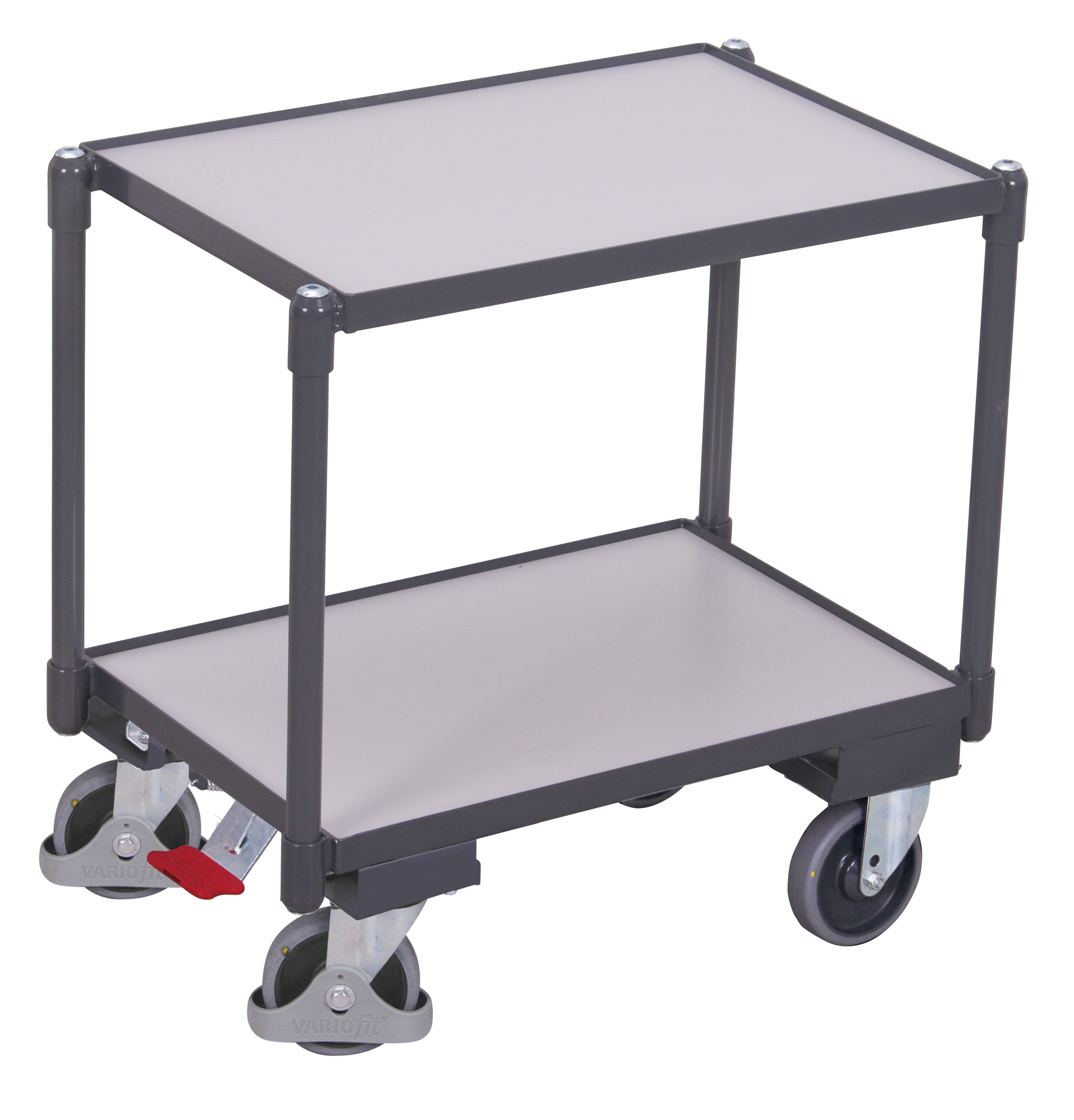 Kompakter ESD Plattformroller 675 × 415 mm mit 2 Ladeflächen, 250 kg Traglast, RAL 7024, ideal für ESD-Bereiche Kompakter ESD Plattformroller 675 × 415 mm mit 2 Ladeflächen, 250 kg Traglast, RAL 7024, ideal für ESD-Bereiche