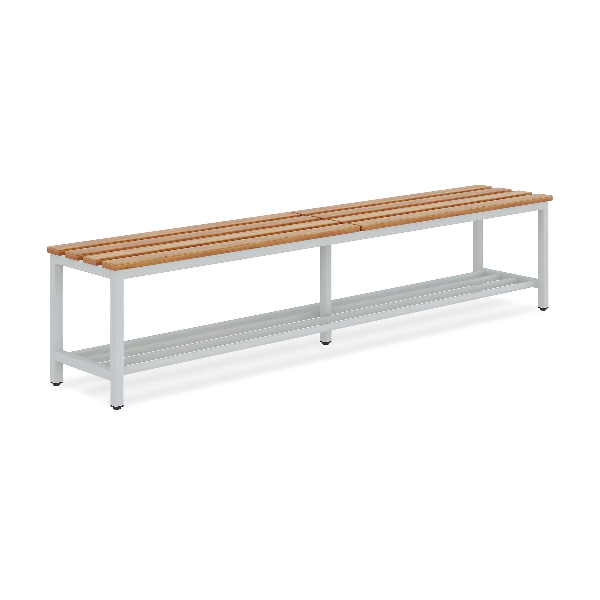 Kompakte Sitzbank mit Holzlatten und Schuhrost, 1000 × 380 × 440 mm – für Umkleiden Extra lange Sitzbank mit Holzlatten und Schuhrost, 2000 × 380 × 440 mm – stabil und funktional