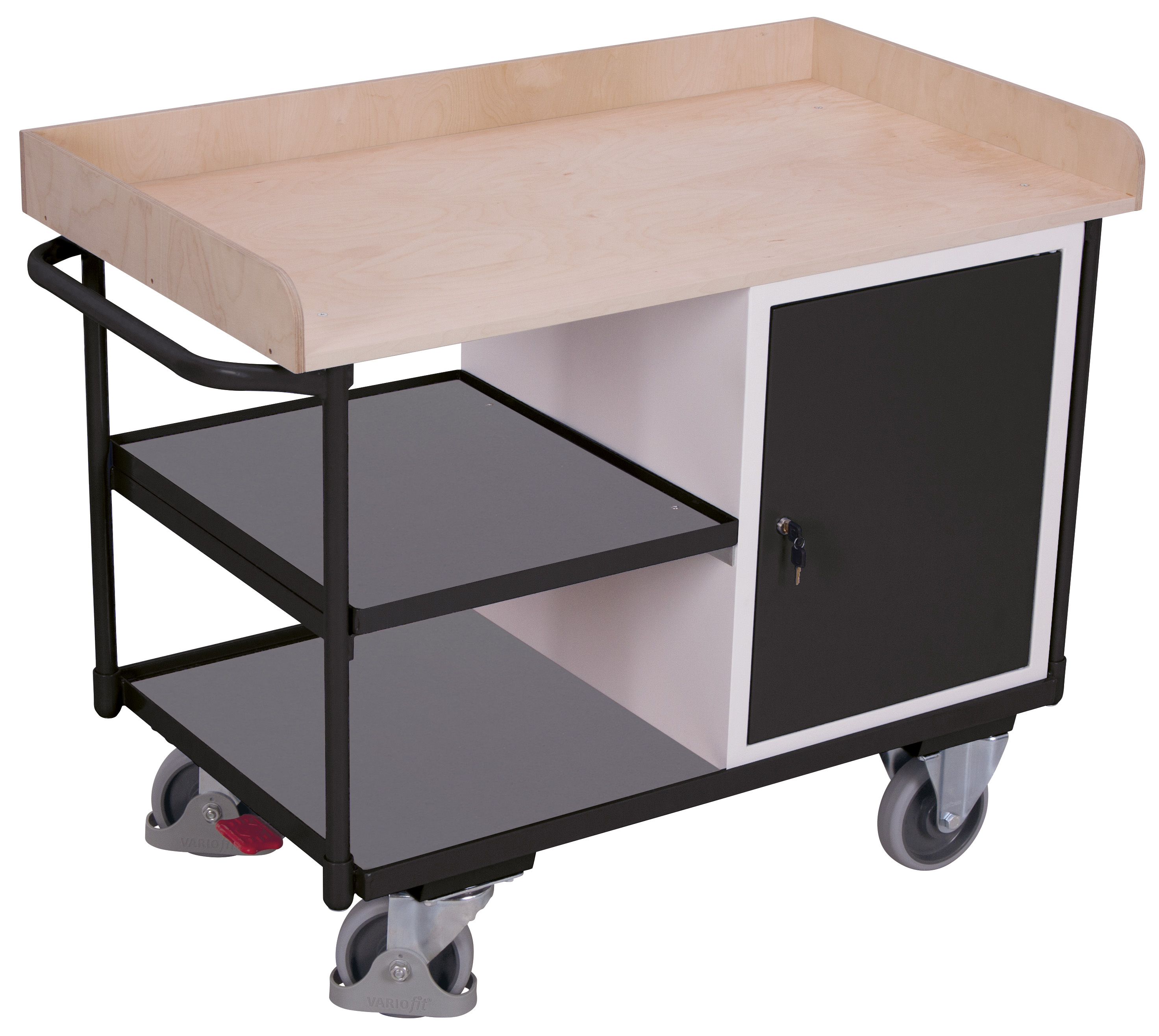 Geräumiger Werkstattwagen 400 kg mit 3 Ladeflächen und Schrank, RAL 7016, 1220 × 640 mm