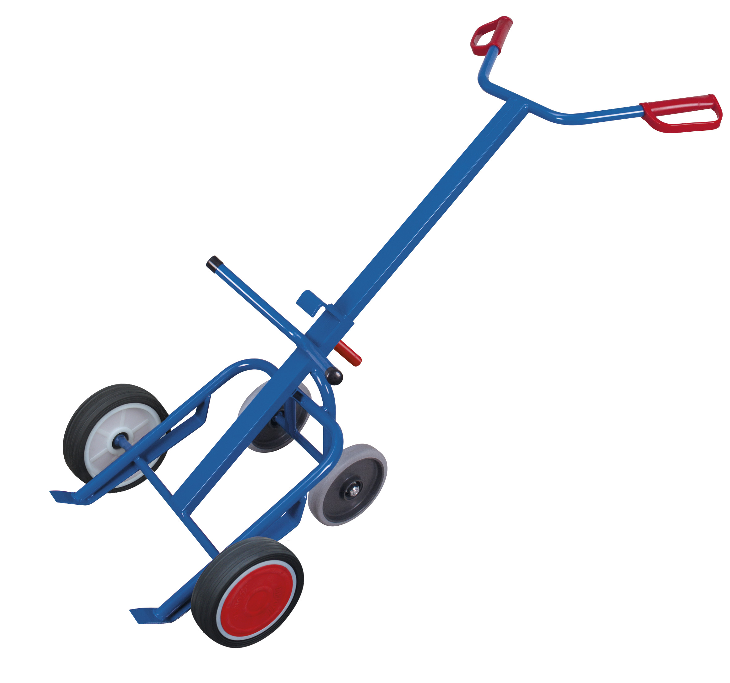 Vielseitige Fasskarre 735 × 1430 × 870 mm mit 2 Stützrädern und Vollgummibereifung für 200-Liter-Stahlblechfässer, RAL 5010 Vielseitige Fasskarre 735 × 1430 × 870 mm mit 2 Stützrädern und Luftbereifung für 200-Liter-Stahlblechfässer, RAL 7016