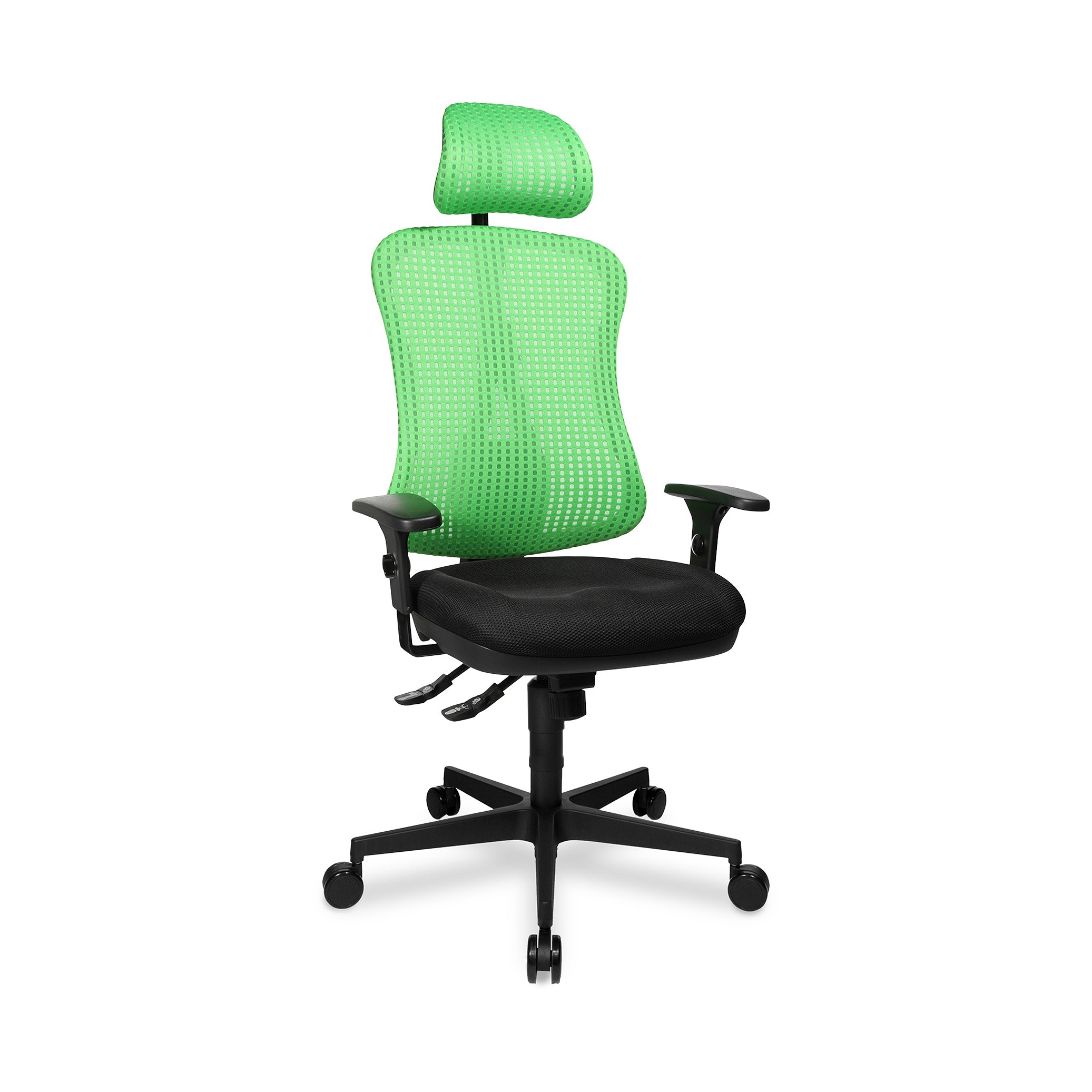 Bürodrehstuhl Headpoint – Ergonomischer Bürostuhl mit Armlehnen & Kopfstütze, Grünes Polster | GS geprüft