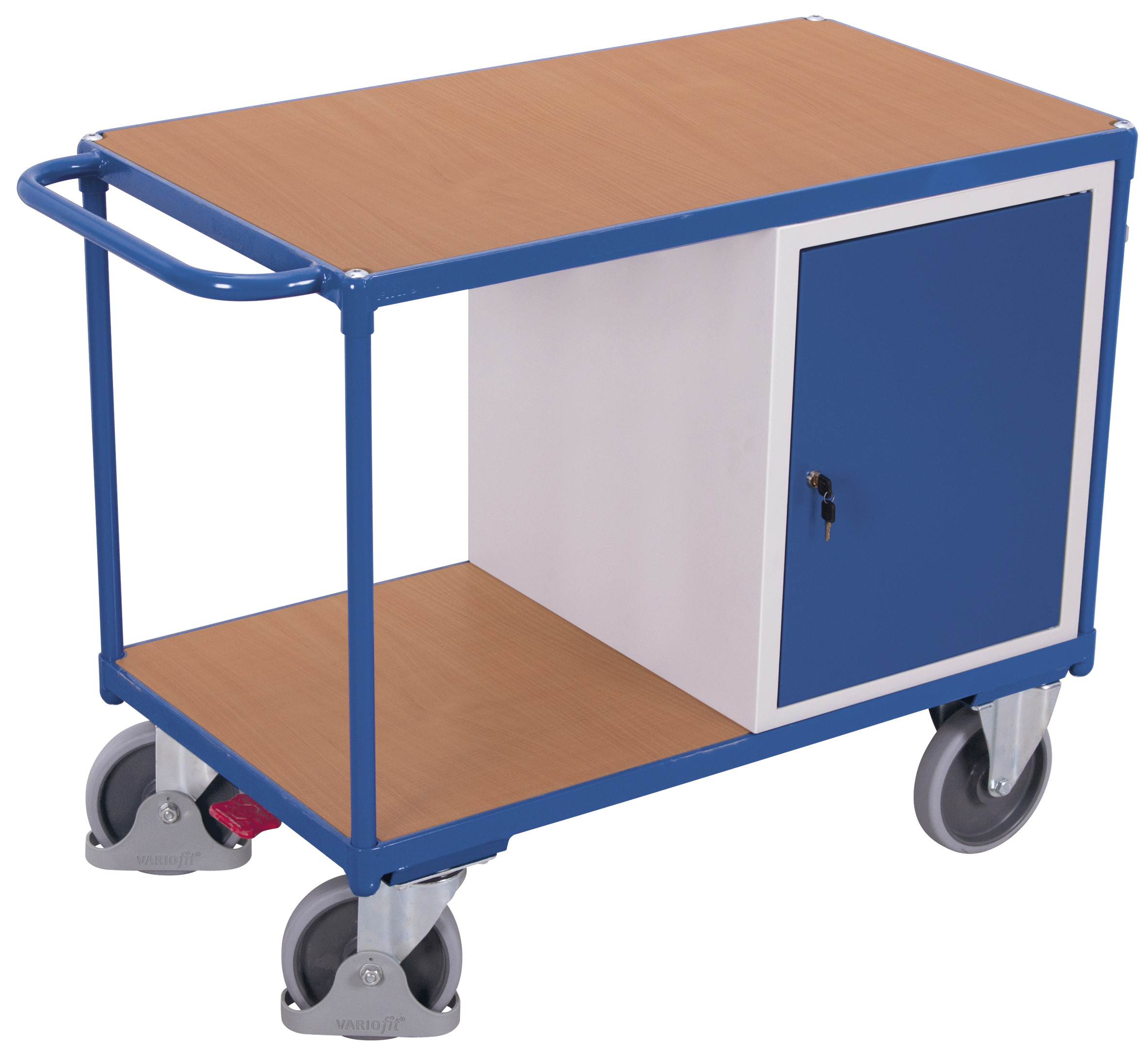Robuster Werkstattwagen 500 kg mit 2 Ladeflächen und Flügeltürschrank, RAL 5010, 1190 × 600 mm
