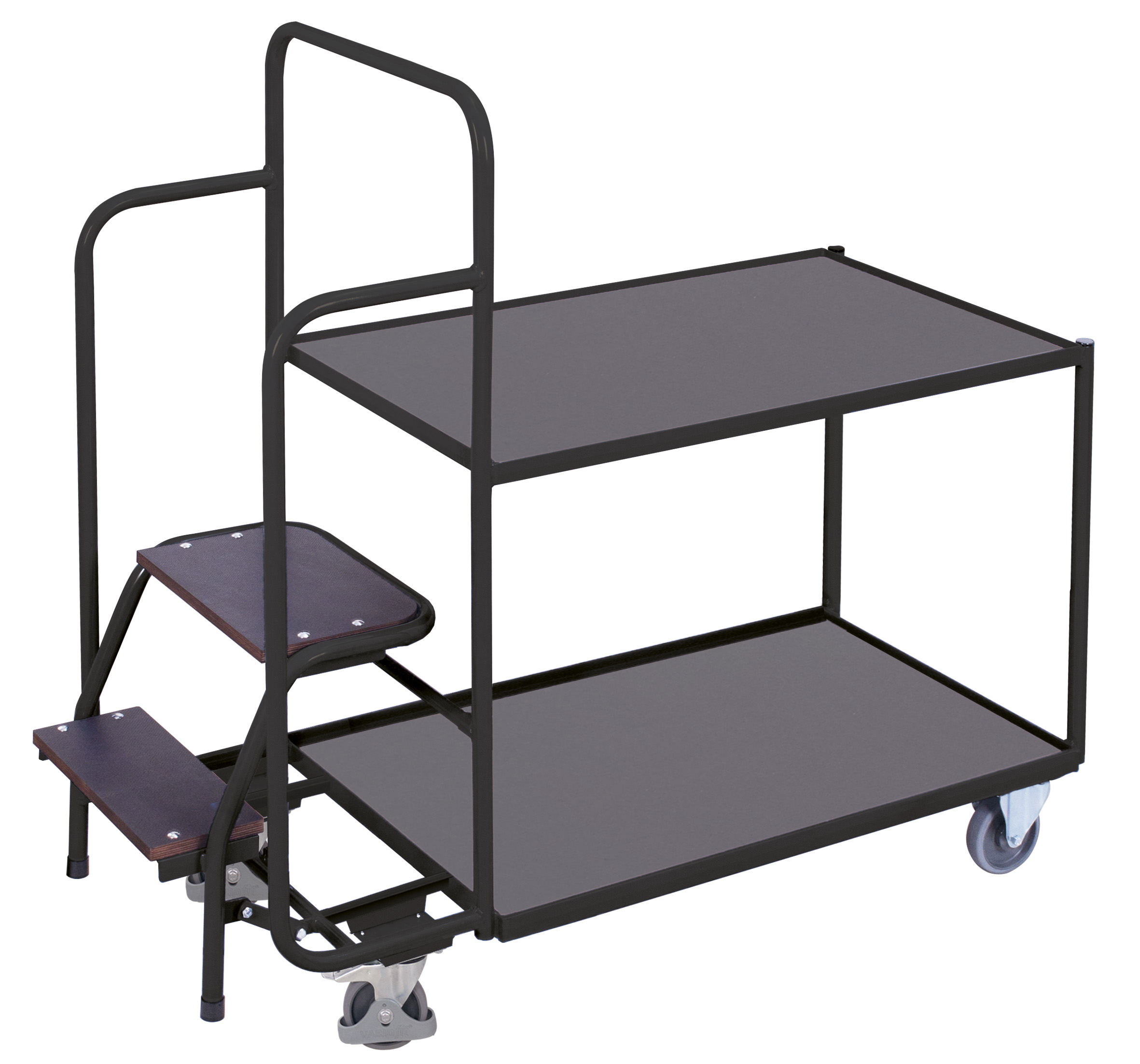 Kompakter Kommissionierwagen niedrig mit 2 Ladeflächen und Trittstufe, RAL 7016, 1455 × 625 mm Kompakter Kommissionierwagen niedrig mit 2 Ladeflächen und Trittstufe, RAL 7016, 1455 × 625 mm