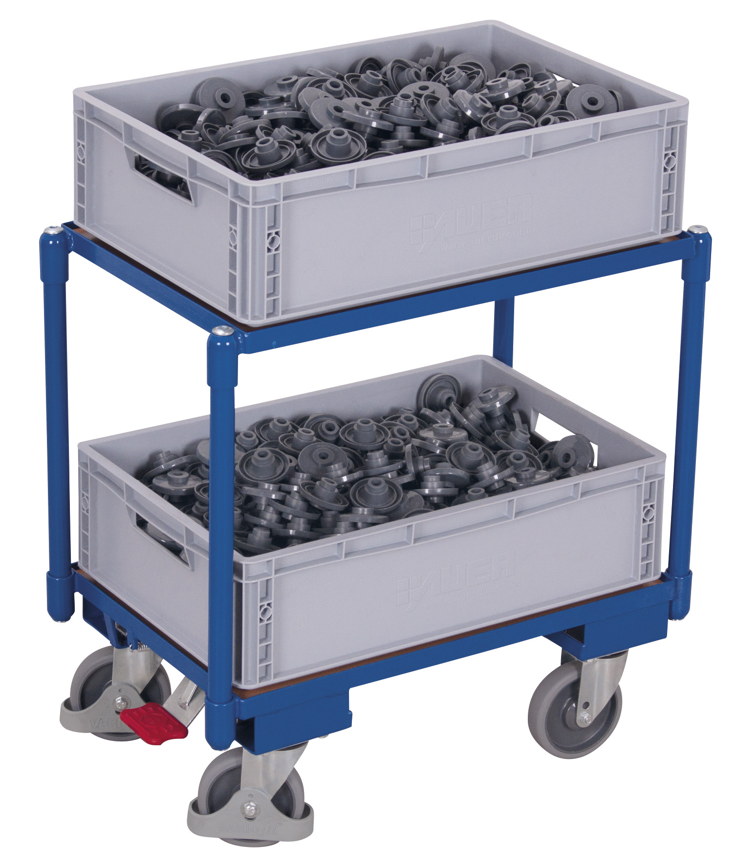 Plattformroller 675 × 415 mm mit 2 Holzböden, 10 mm Rand und Eckhülsen, 250 kg Traglast, RAL 5010, ideal für Lager & Kommissionierung