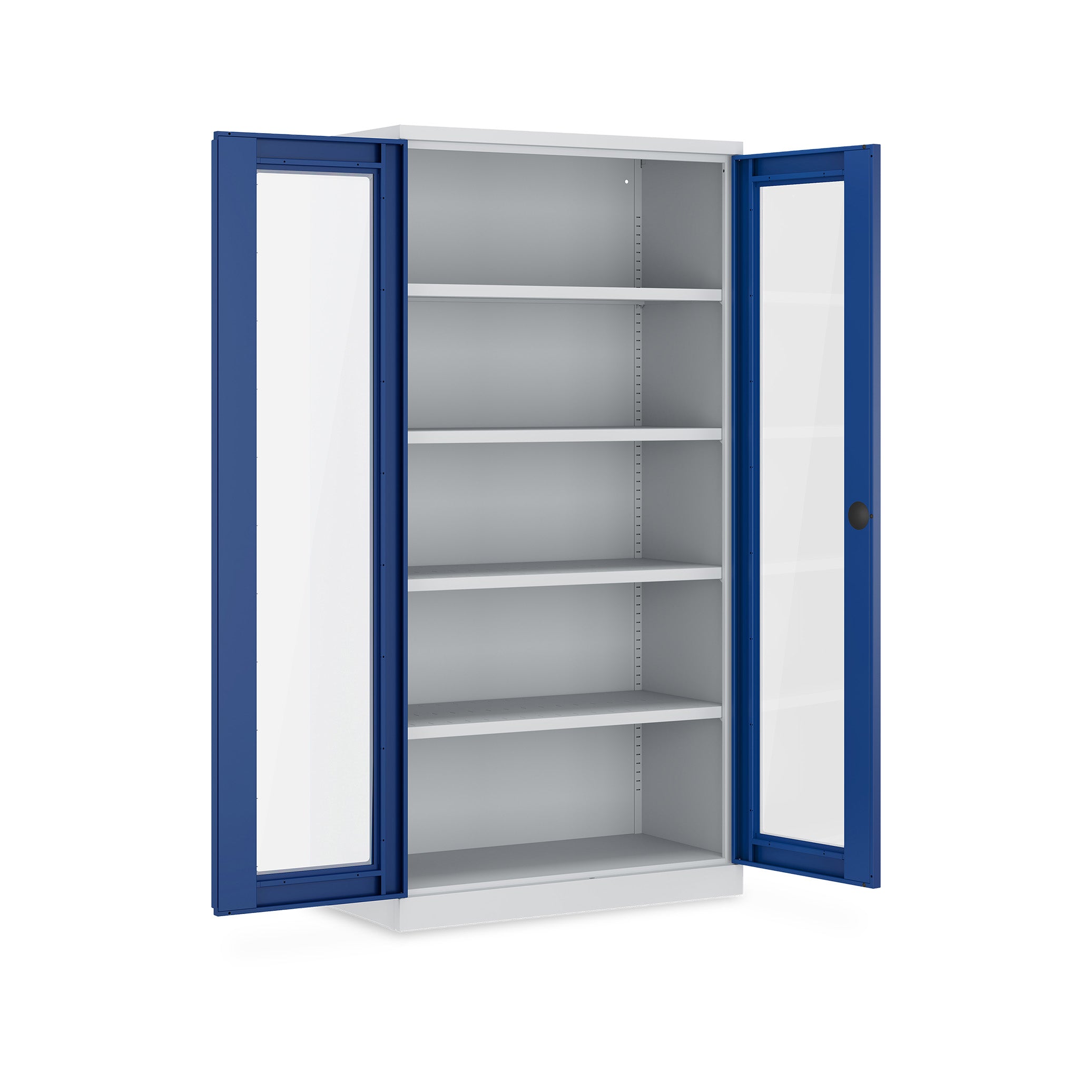 Werkstattschrank mit Acrylglasfenstern 1000 × 500 × 1950 mm – 4 Fachböden, Farbe lichtgrau / enzianblau