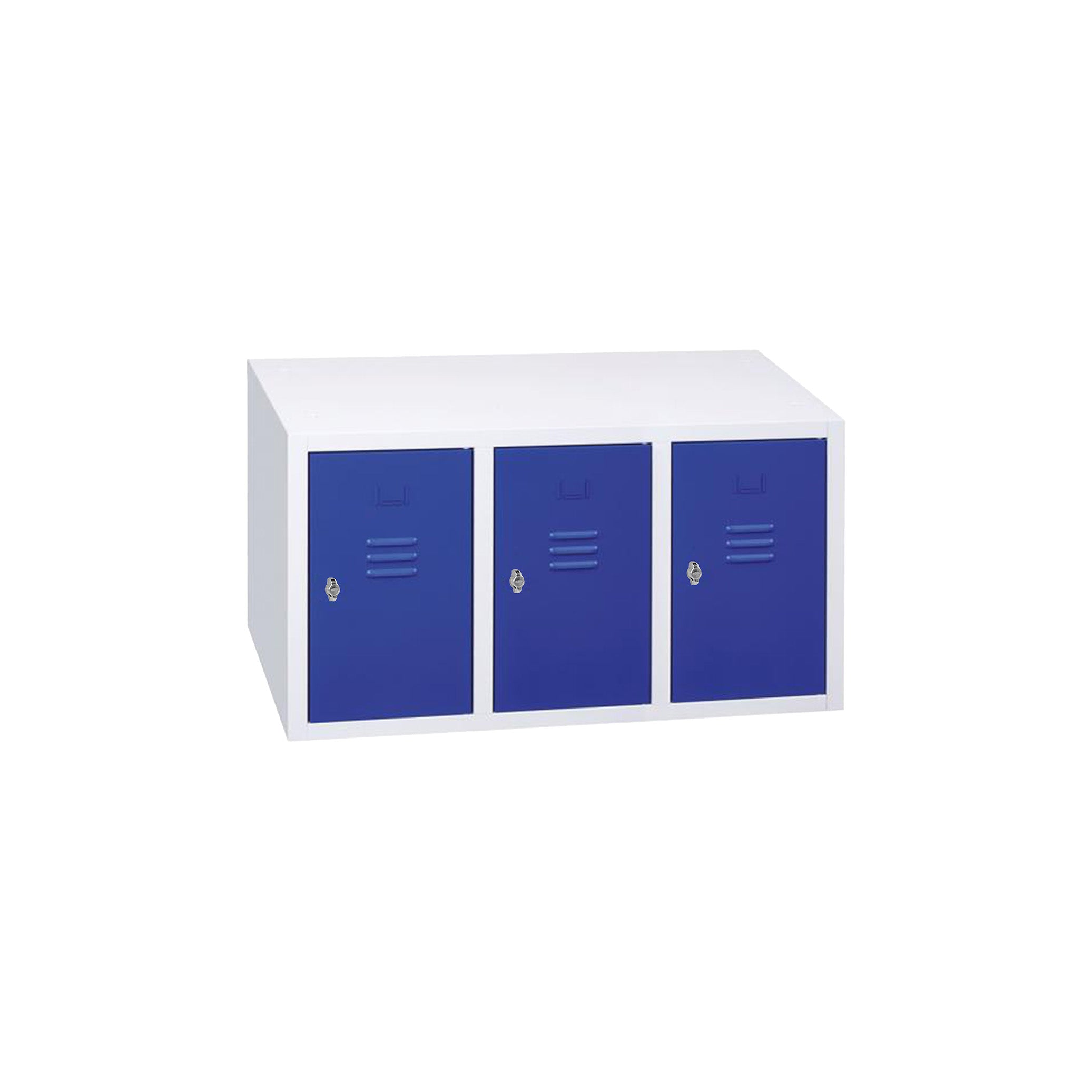 Aufsatzschrank für Spinde 900 mm breit, Lichtgrau / Enzianblau – optimale Stauraumergänzung Aufsatzschrank für Spinde 1200 mm breit (3 Abteile), Lichtgrau / Enzianblau – geräumige Stauraumerweiterung