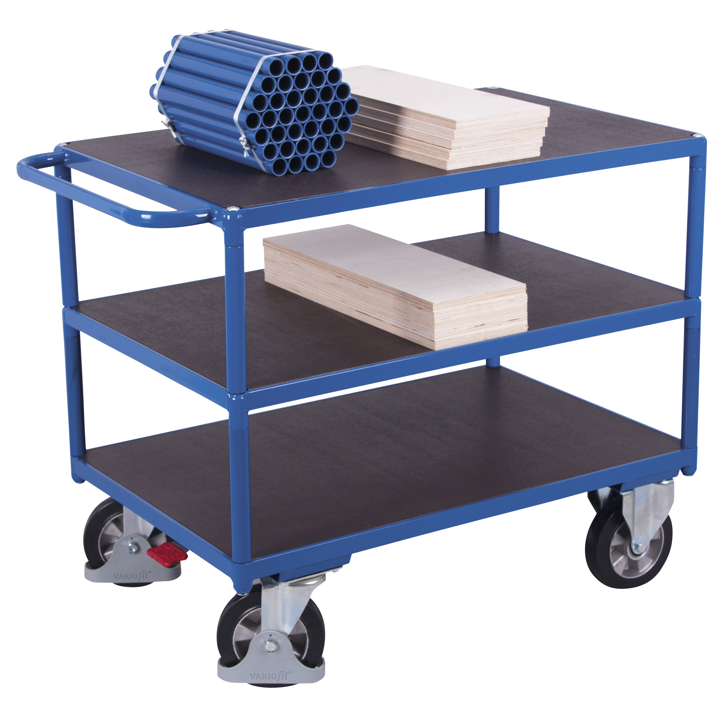 Leistungsfähiger Schwerlast Tischwagen 1390 × 800 mm mit 3 Sperrholz-Ladeflächen, 1000 kg Traglast, RAL 5010, ideal für Lager & Werkstatt