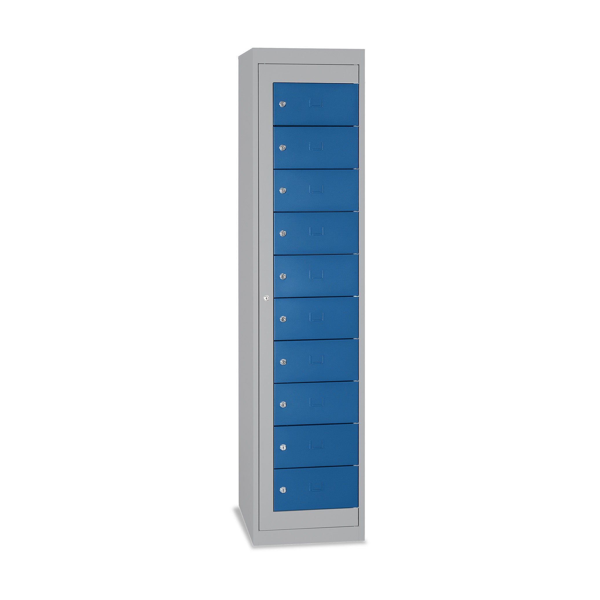Verteilerschrank mit 1 Abteil und 10 Fächern – Lichtgrau/Enzianblau, abschließbar – Modern, robust & funktional Verteilerschrank mit 1 Abteil und 10 Fächern – Lichtgrau/Enzianblau, abschließbar – Modern, robust & funktional