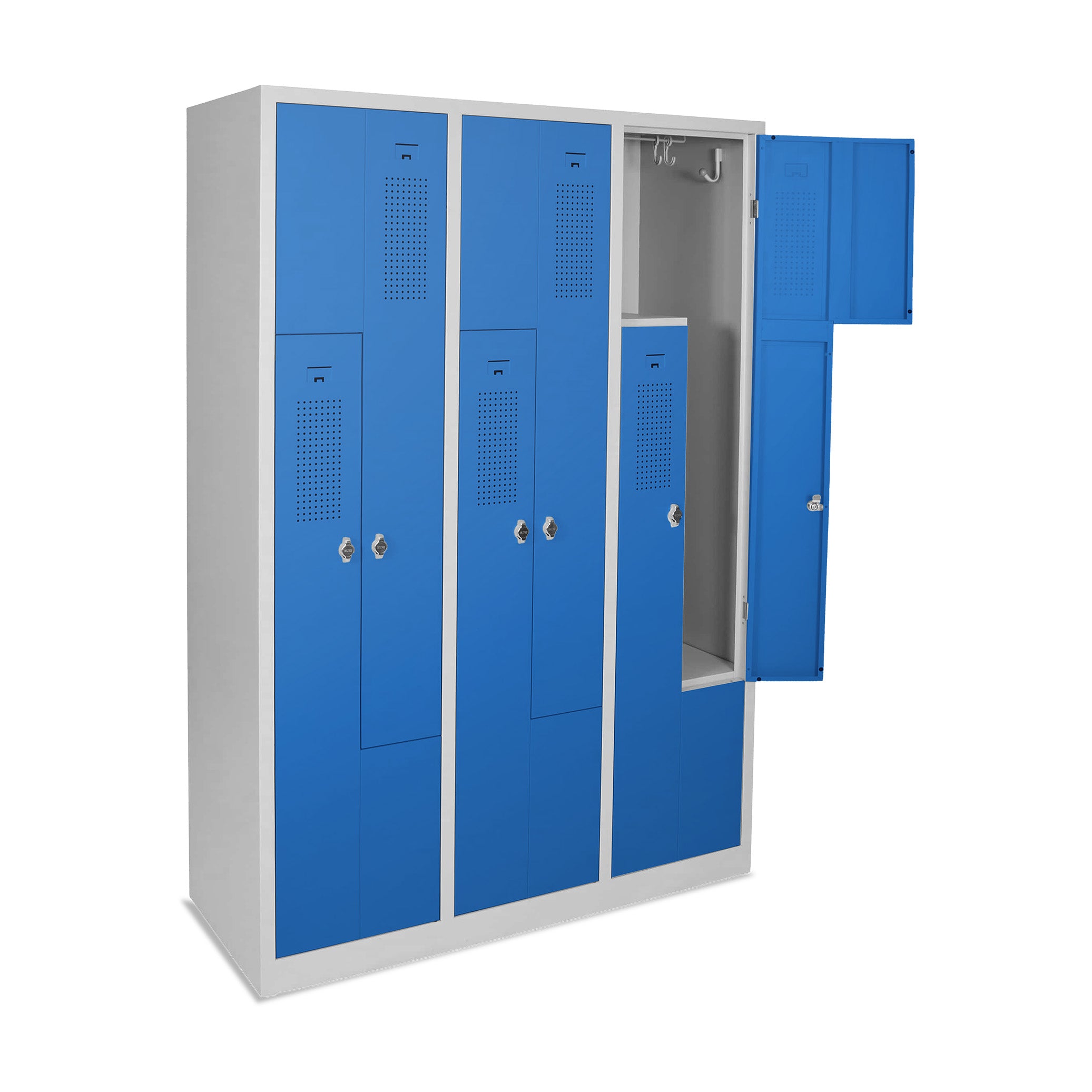 Stabiler Garderoben-Z-Spind mit 6 Drehriegeln, 1185 × 500 × 1800 mm, Farbe lichtgrau / enzianblau