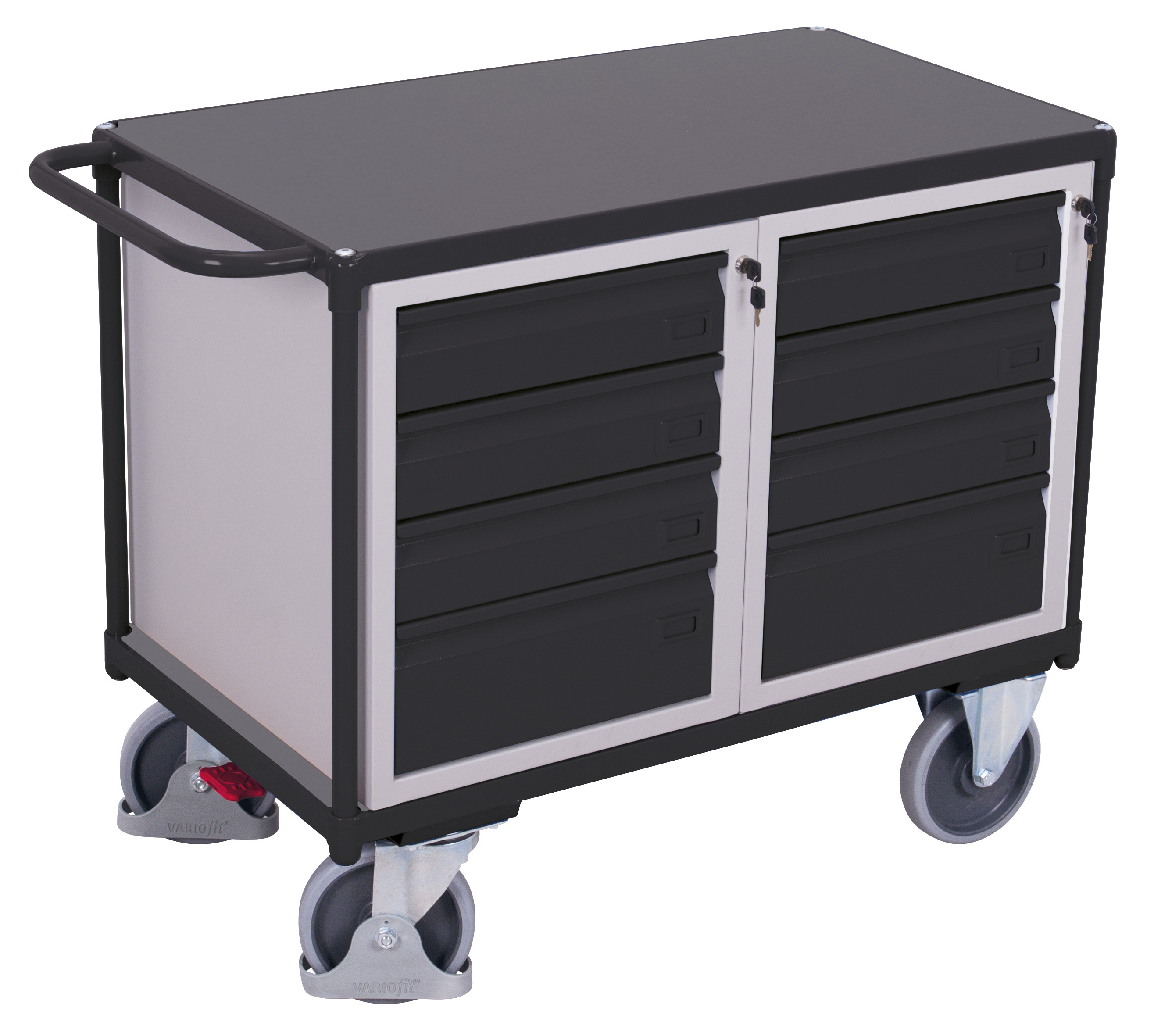 Robuster Werkstattwagen 500 kg mit 1 Ladefläche und Schubladen, RAL 7016, 1190 × 600 mm Robuster Werkstattwagen 500 kg mit 1 Ladefläche und Schubladen, RAL 7016, 1190 × 600 mm