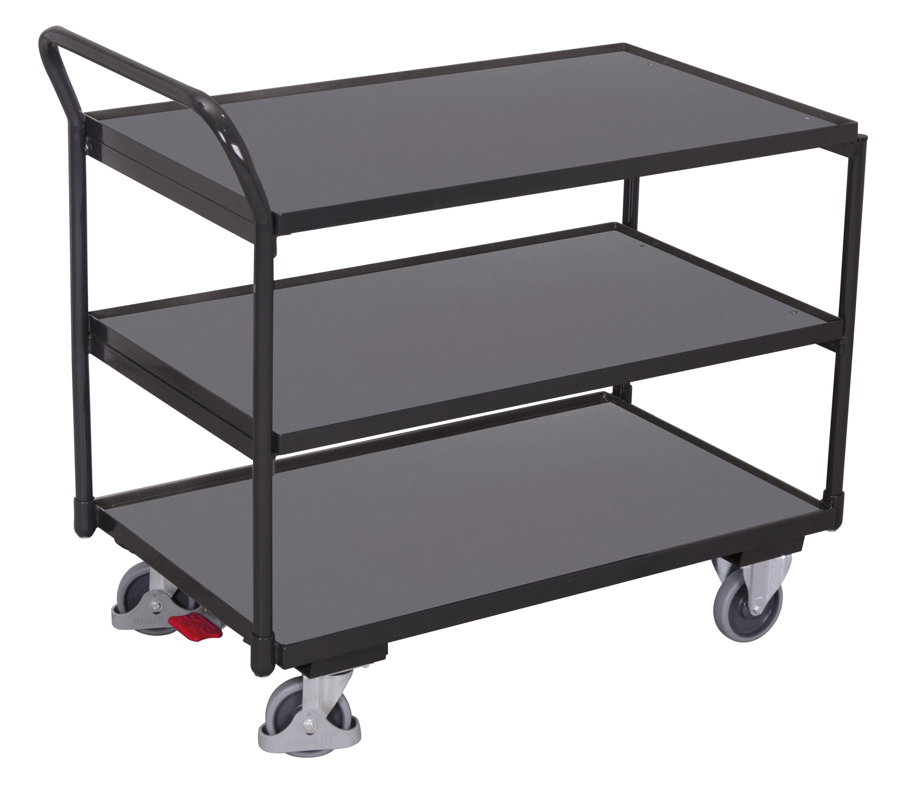 Kompakter Tischwagen 975 × 525 mm mit 3 Holzladeflächen, 250 kg Traglast, RAL 7016, ideal für Lager & Kommissionierung Geräumiger Tischwagen 1325 × 825 mm mit 3 Holzladeflächen, 250 kg Traglast, RAL 7016, ideal für Werkstatt & Kommissionierung