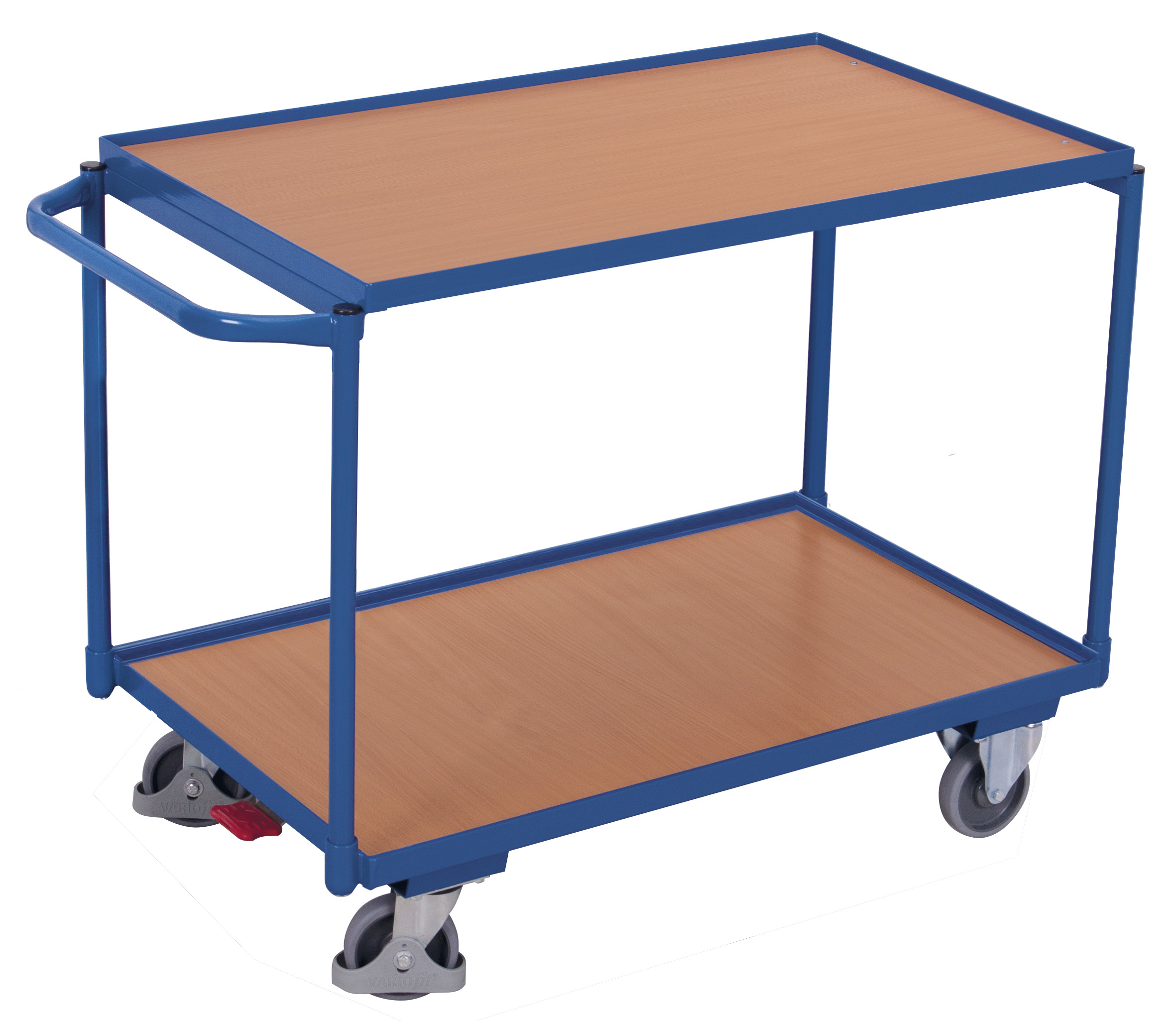 Kompakter Tischwagen 1025 × 525 mm mit 2 Holzladeflächen, 250 kg Traglast, RAL 5010, ideal für Werkstatt & Kommissionierung Extra breiter Tischwagen 1375 × 825 mm mit 2 Holzladeflächen, 250 kg Traglast, RAL 5010, ideal für Werkstatt & Kommissionierung