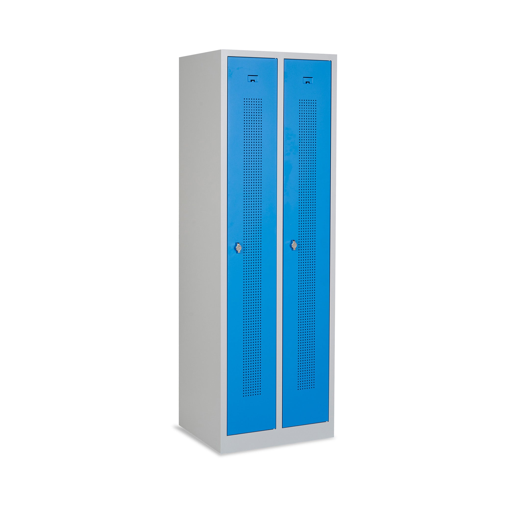 Design-Reihenspind 2-türig 590 × 500 × 1800 mm mit Lochreihen, Farbe lichtgrau/enzianblau