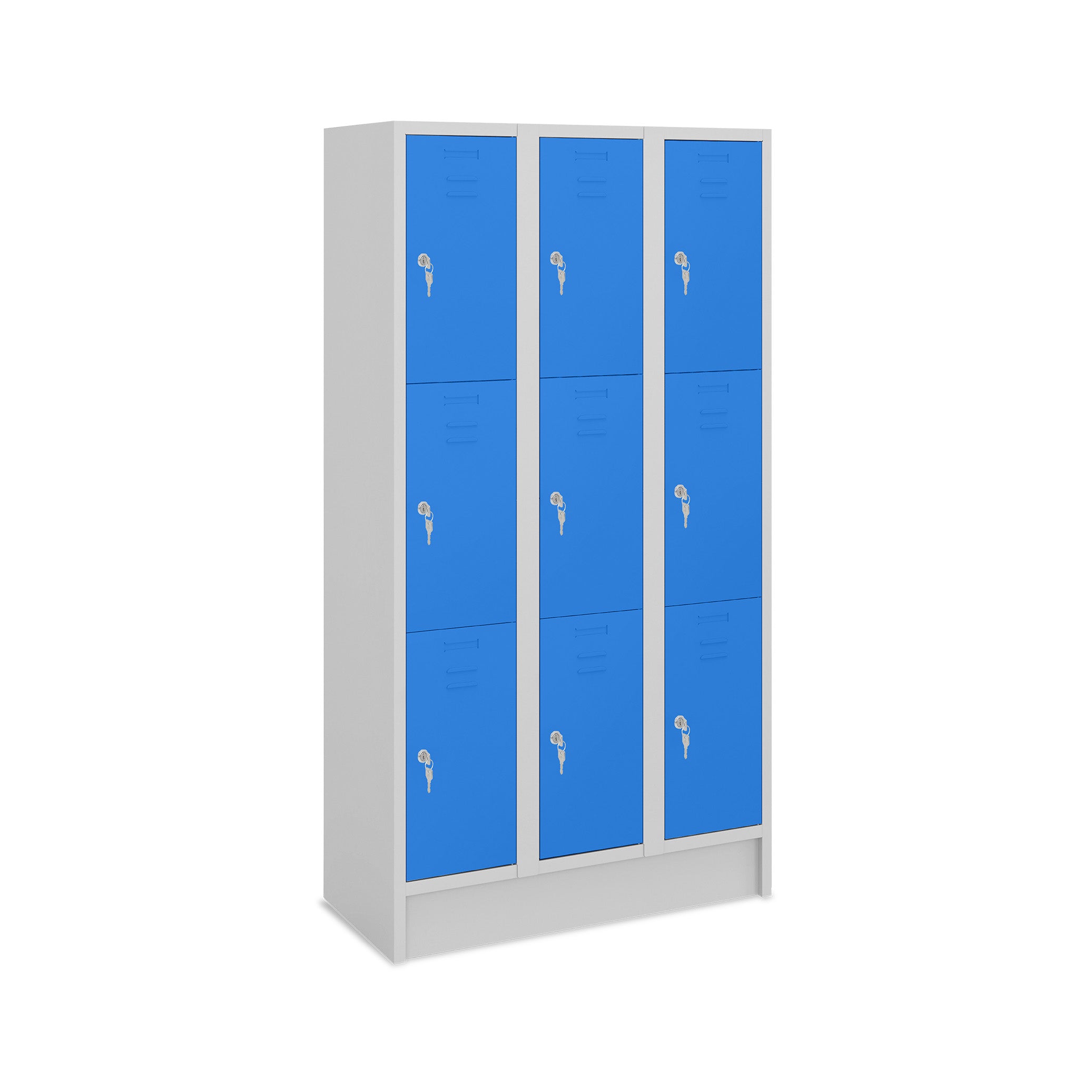Fächerschrank mit 3 Abteilen und 9 Fächern, Abteilbreite 300 mm, Lichtgrau / Enzianblau