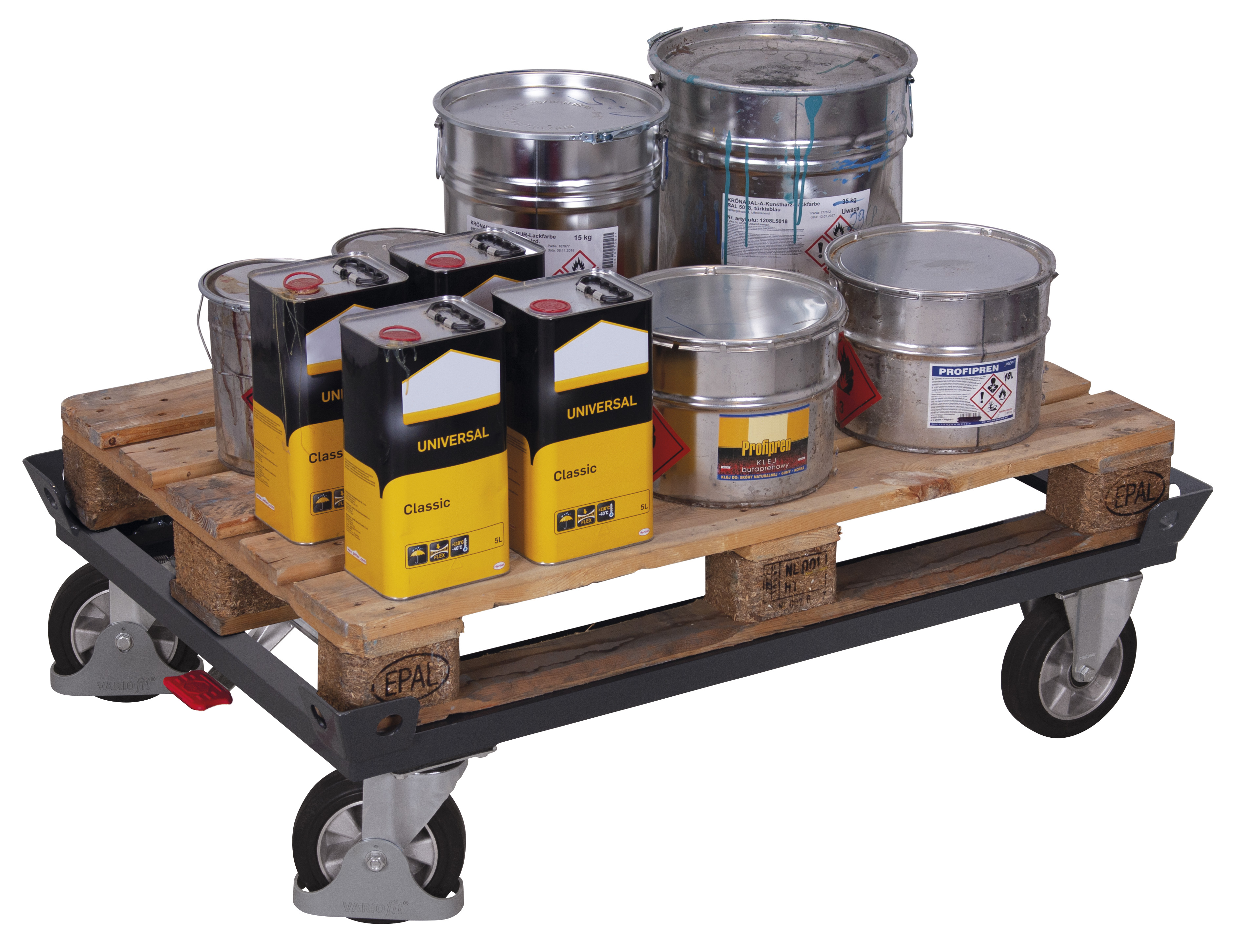 Robustes Fahrgestell 1070 × 870 x 350 mm aus Stahl für Europaletten und Gitterboxen, 1200 kg Traglast, RAL 7016, ideal für Lager & Werkstatt