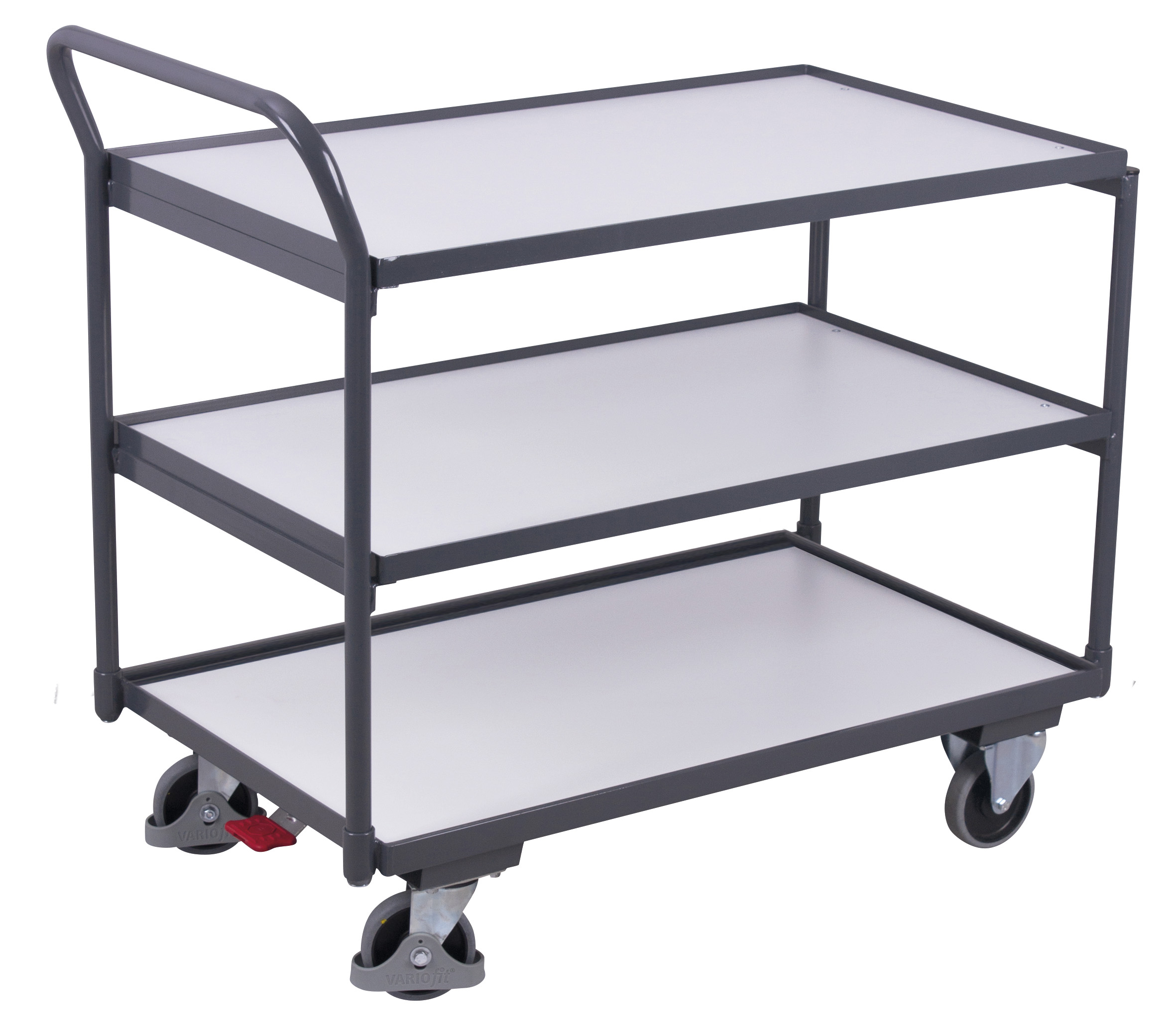 Kompakter ESD Tischwagen 975 × 525 × 1010 mm mit 3 Ladeflächen, RAL 7024 elektrisch leitfähig Geräumiger ESD Tischwagen 1125 × 625 × 1010 mm mit 3 Ladeflächen, RAL 7024 elektrisch leitfähig