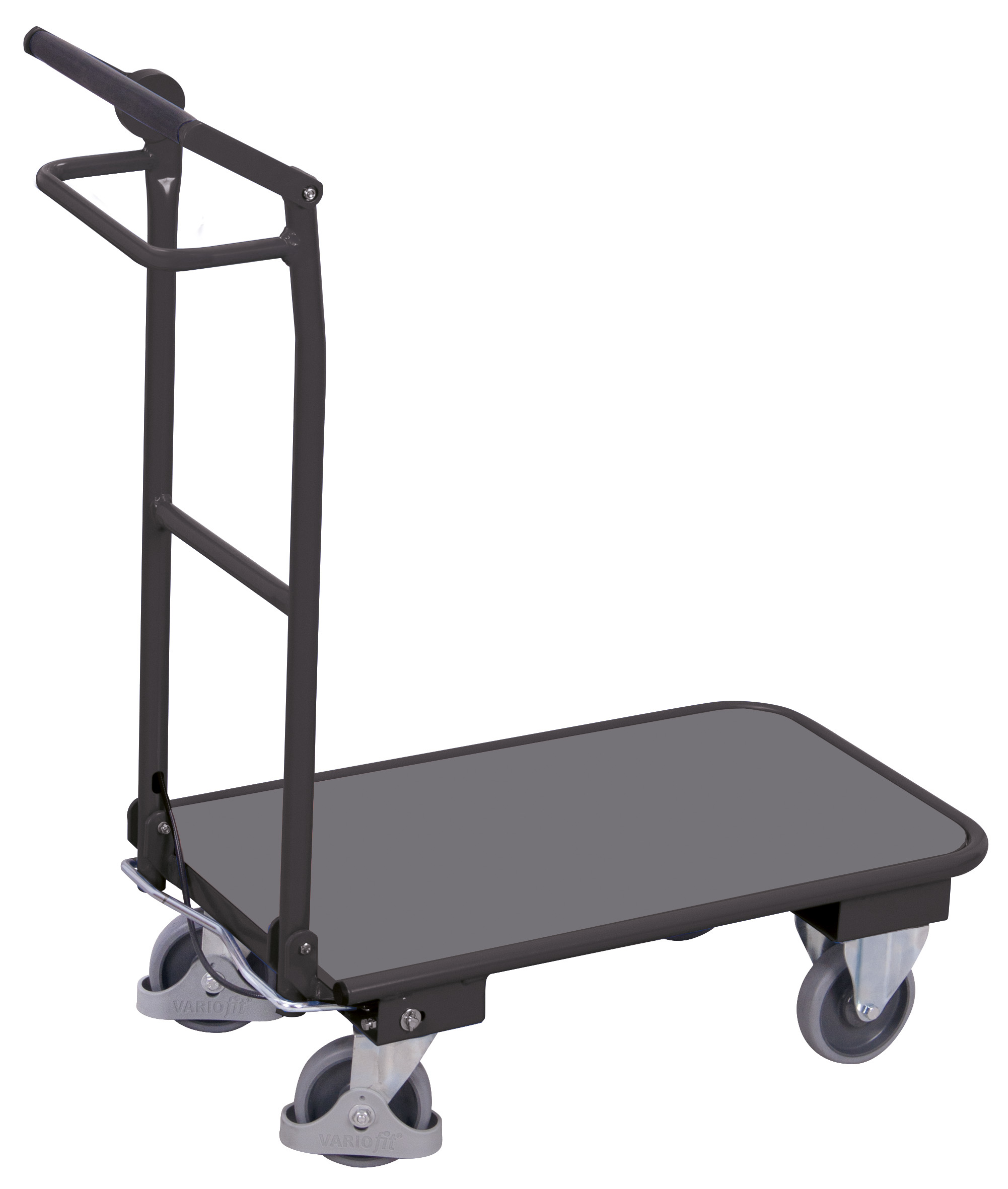 Kompakter Klappbügelwagen mit Totmannbremse 865 × 450 mm mit Holzladefläche, 150 kg Traglast, RAL 7016, ideal für Lager & Werkstatt Kompakter Klappbügelwagen mit Totmannbremse 865 × 450 mm mit Holzladefläche, 150 kg Traglast, RAL 7016, ideal für Lager & Werkstatt