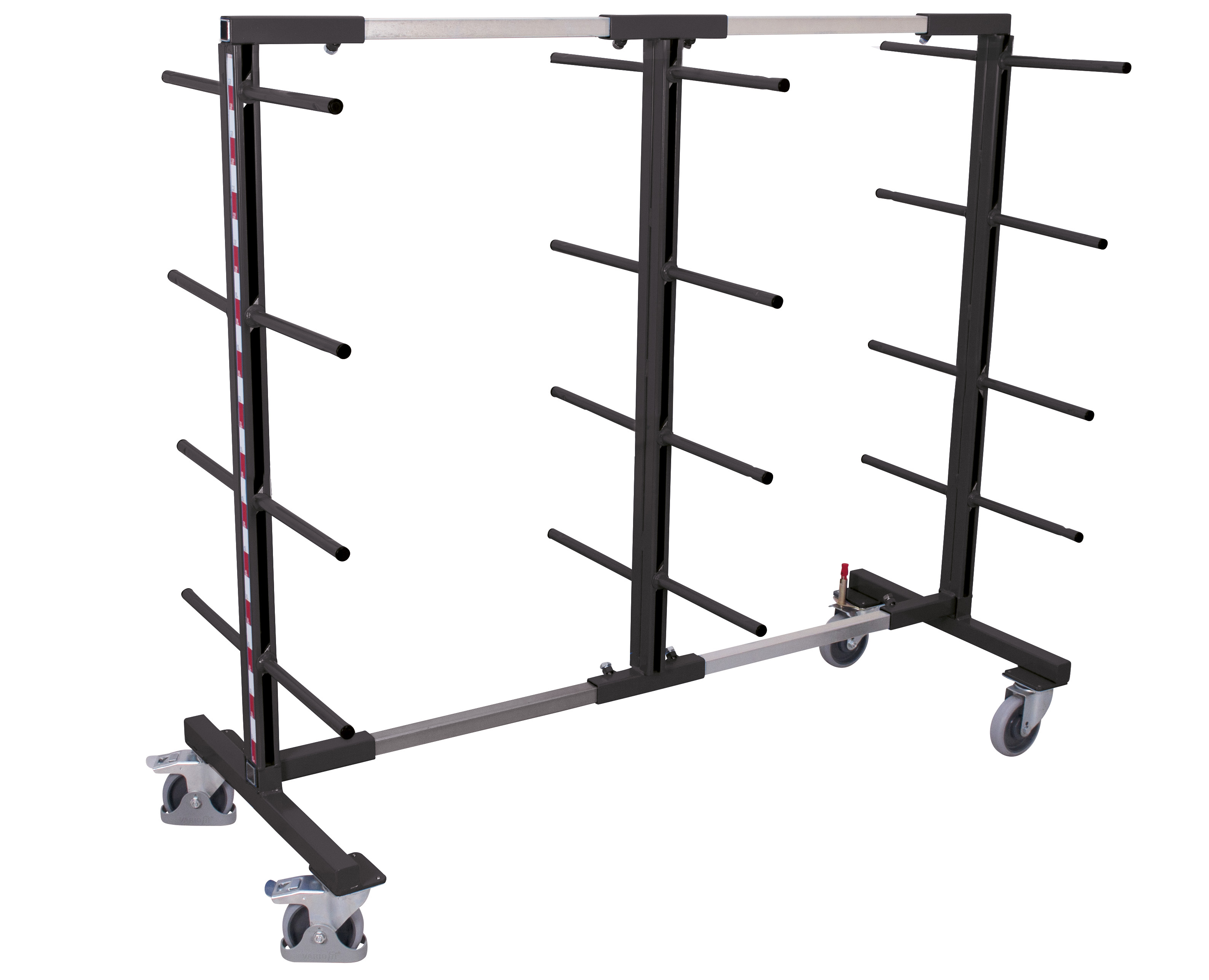 Robuster Tragarmwagen zweiseitig, mit 8 Tragarmebenen, 400 kg Traglast, RAL 7016, 840–2200 × 830 mm Zweiseitiger Tragarmwagen mit 8 Ebenen, 400 kg Traglast, RAL 7016, 840–3200 × 830 mm