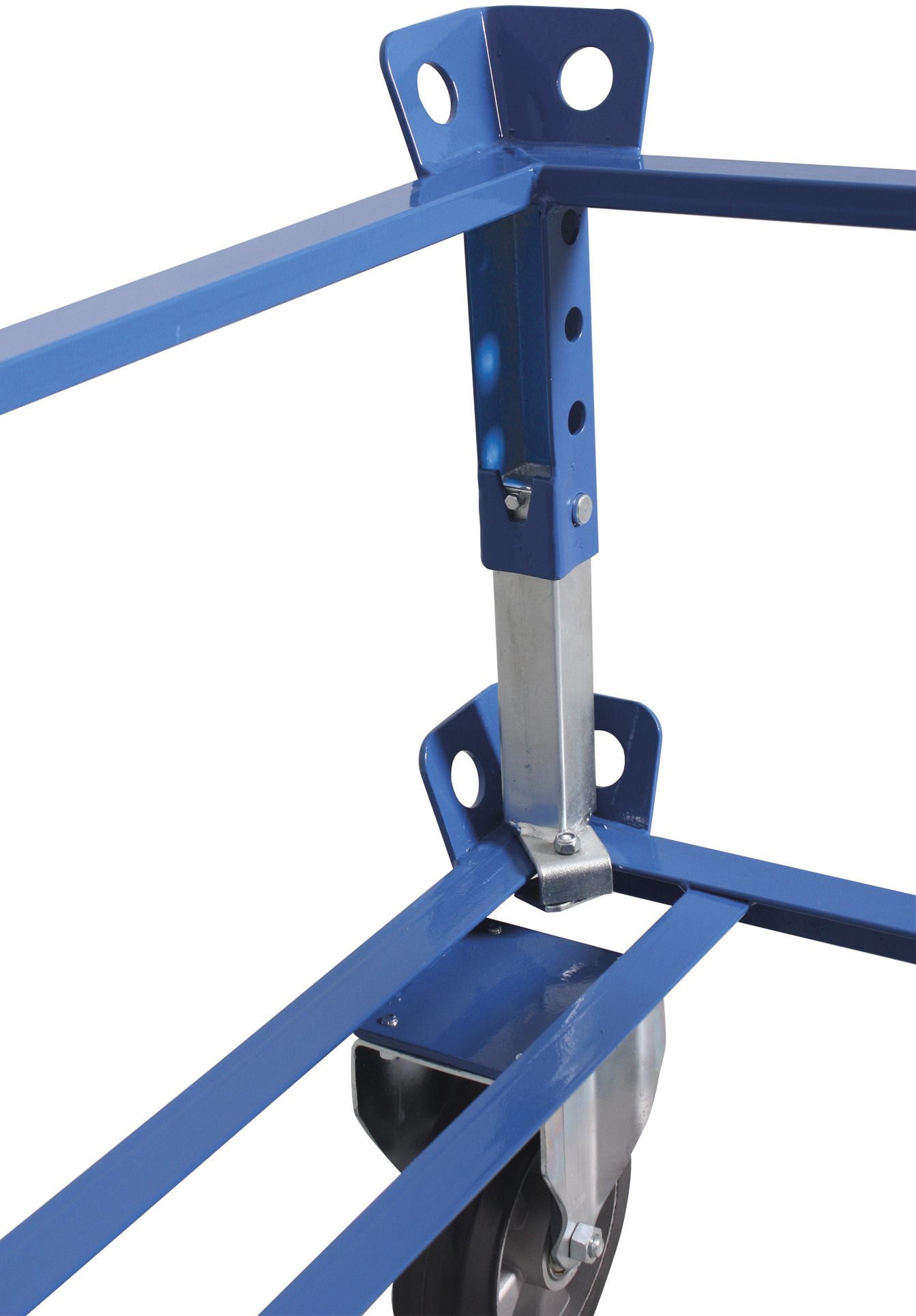 Anpassbarer Aufsatzrahmen 1270 × 1070 mm aus Stahl mit 4 Ladehöhen, RAL 5010, passend für Fahrgestelle, ideal für Lager & Werkstatt