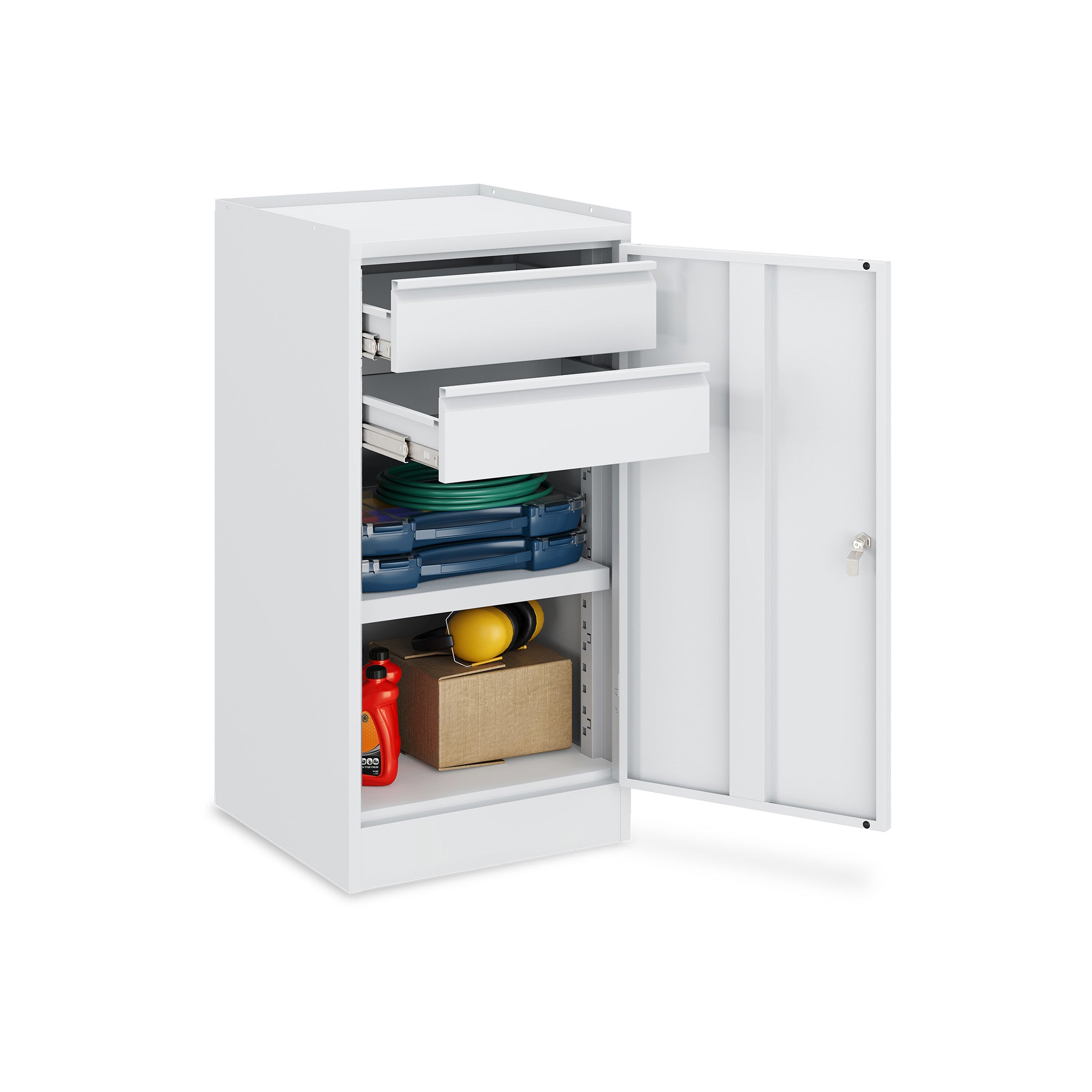 Kompakter Werkzeugschrank 500 × 500 × 1000 mm – 1 Tür, 2 Fachböden, 1 Schublade, Farbe lichtgrau / ichtgrau