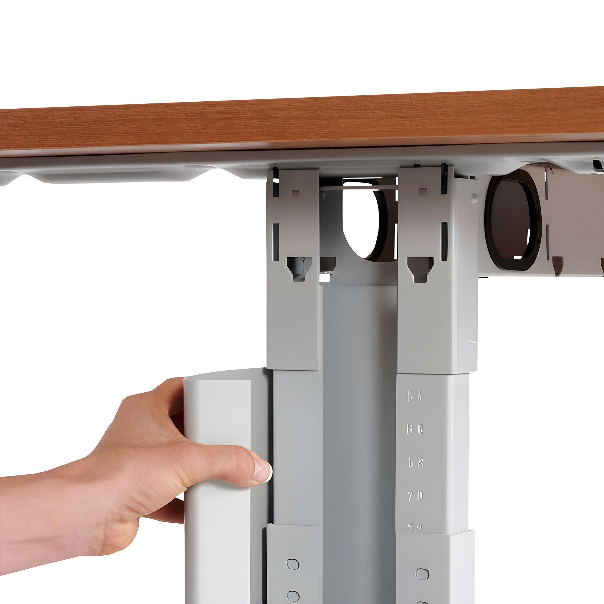 Manuell höhenverstellbarer Schreibtisch 1800 x 800 mm, T-Fuß, 620–820 mm Arbeitshöhe, Farbe weißaluminium / buche