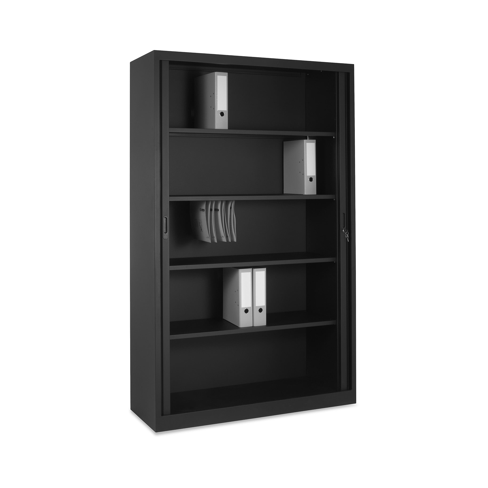 Hoher Rollladenschrank 1200 × 450 × 1950 mm, farbe tiefschwarz/schwarz, 5 Ordnerhöhen, 4 Fachböden